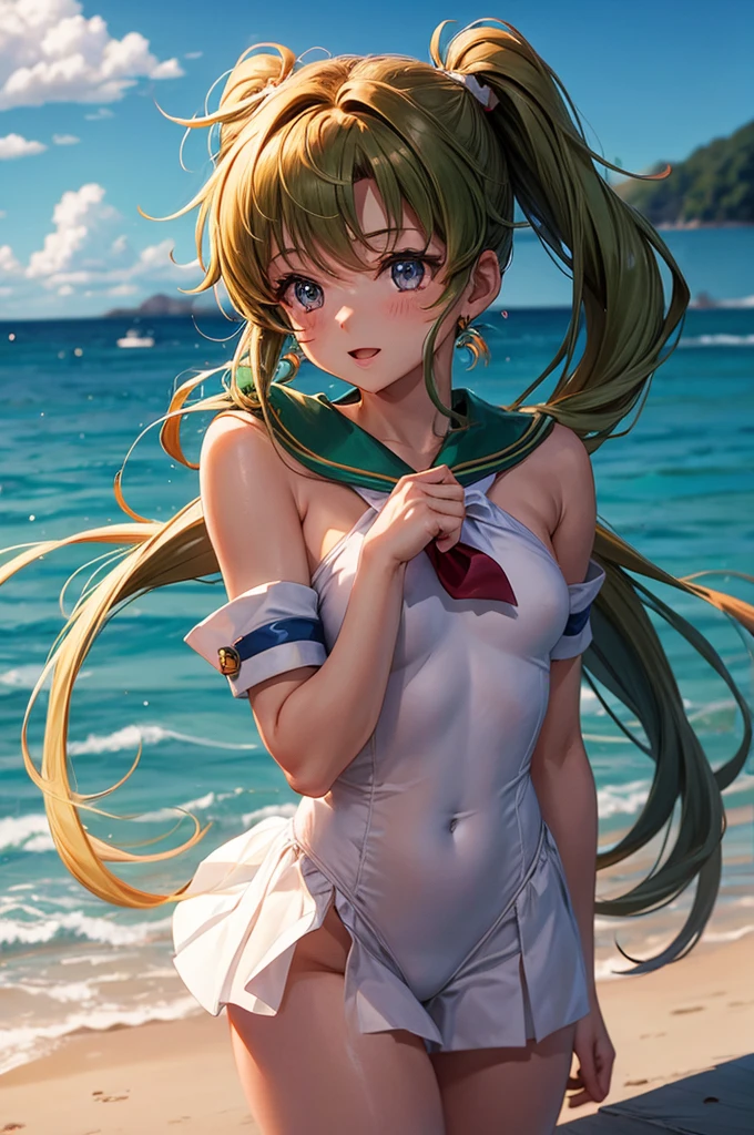 ((best quality)), (((highly detailed)), masterpiece, (detailed eyes, deep eyes), (1 girl), dynamic pose, upper body, Lusamine, blonde hair, very long hair, green eyes , medium breasts, (white dress), green gemstone, high heels, transparent clothing, beach, very sweaty, arms up, armpit, almost transparent bikini, two front ponytails, straight hair, lillie hair, lillie hat, small chest, small butt, small ass,