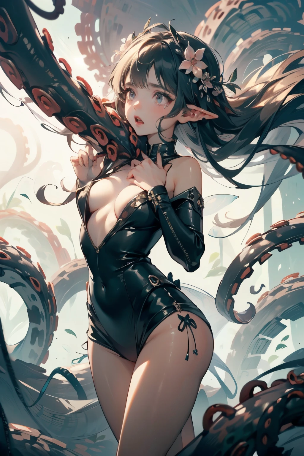  ((best quality)), ((masterpiece)), (detailed), 1 fairy girl, off-shoulder sweater, a fairy, fairy girl, winged pixie girl, girl fairy, various different types of insect wings, small breasts, NSFW，tentacle-like vines, Covered with tentacles, encoiled by tentacles, Tentacles around the body, many tentacles, captured by tentacles, bound by tentacles, trapped by tentacles, Fine details，Tentacled，Tied with tentacles, roaming tentacles, drooling，Crying，horrified expression, panic, fight for survival, helplessness, Detailed body，Full limbs，NSFW, being pulled into a flower, wild environment, jungle, terrifying floral environment, horrific nature, predatory flora, fairy catcher, fairy trapper, fairy catcher plant, tentacle-like vines, fairy trapper-plant, fairy catcher flower, tentacle-like vines, fairy trapper-flower inspired by carnivorous plants; a plant occupying the equivelant evolutionary niche as a spider would 