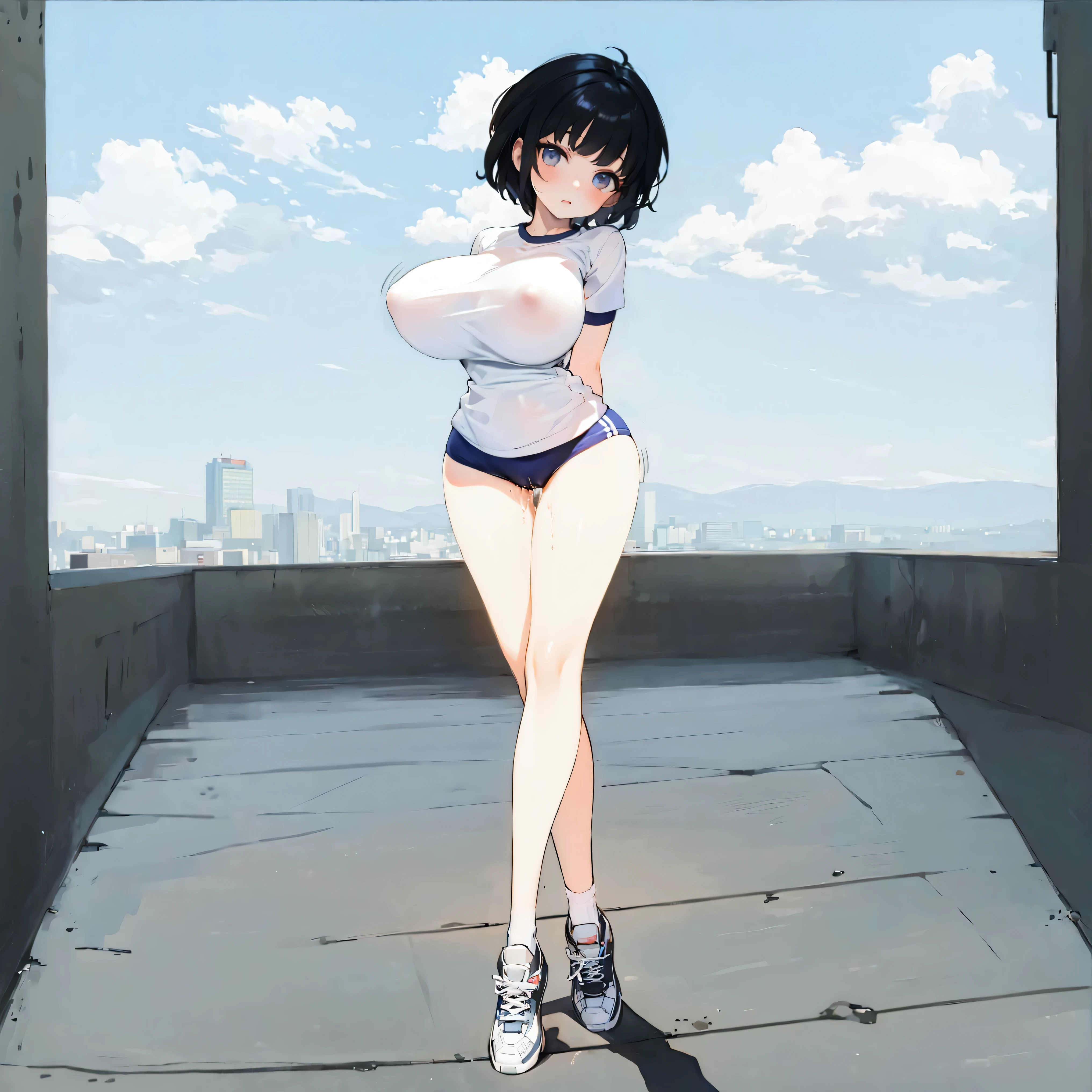 (solo), skinny girl standing in primary school, arms behind back, (very short tight brm), (thigh gap:1.2), (gym uniform), (swaying back), (show off cameltoe for viewer:1.2), (bursting huge breasts:1.2), (disproportionately huge breasts), BREAK, long (skinny legs), BREAK, school buildings in background, BREAK, nsfw, orgasm, (excessive pussy juice), expressionless, coverd erectile nipples, (coverd erectile clitoris:1.2)