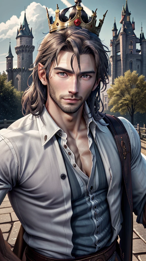 Handsome man wearing a crown with castle in background