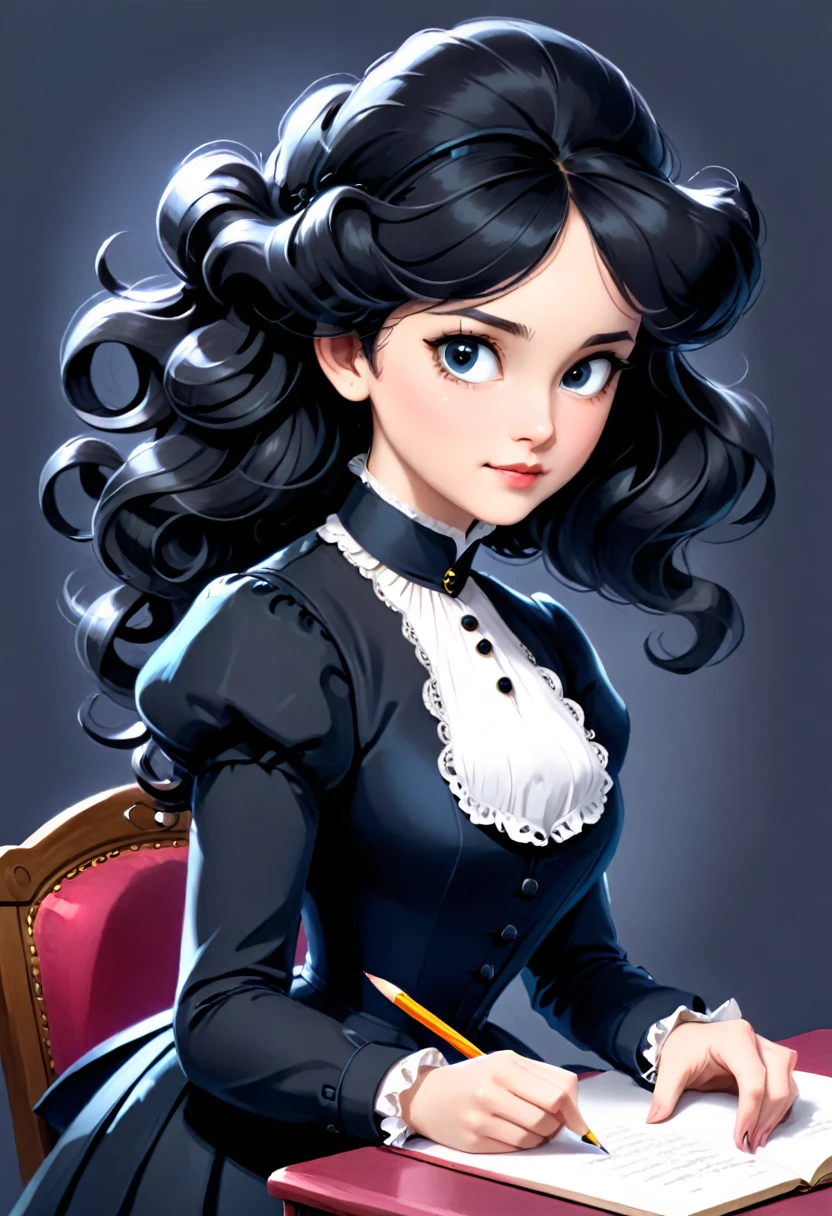 A pencil drawing of a young victorian governess, curly black hair. Kind and inteligent energy.