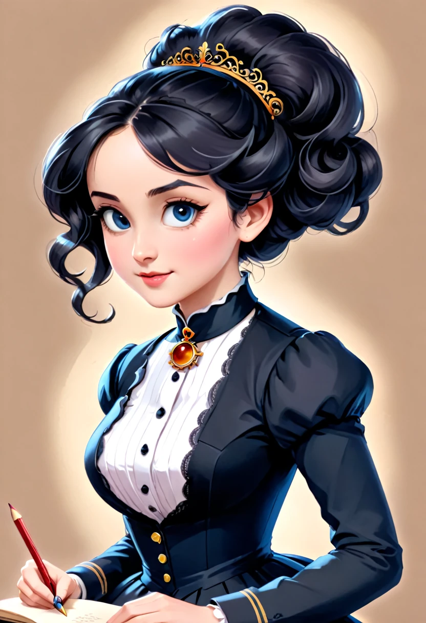 A pencil drawing of a young victorian governess, curly black hair. Kind and inteligent energy.