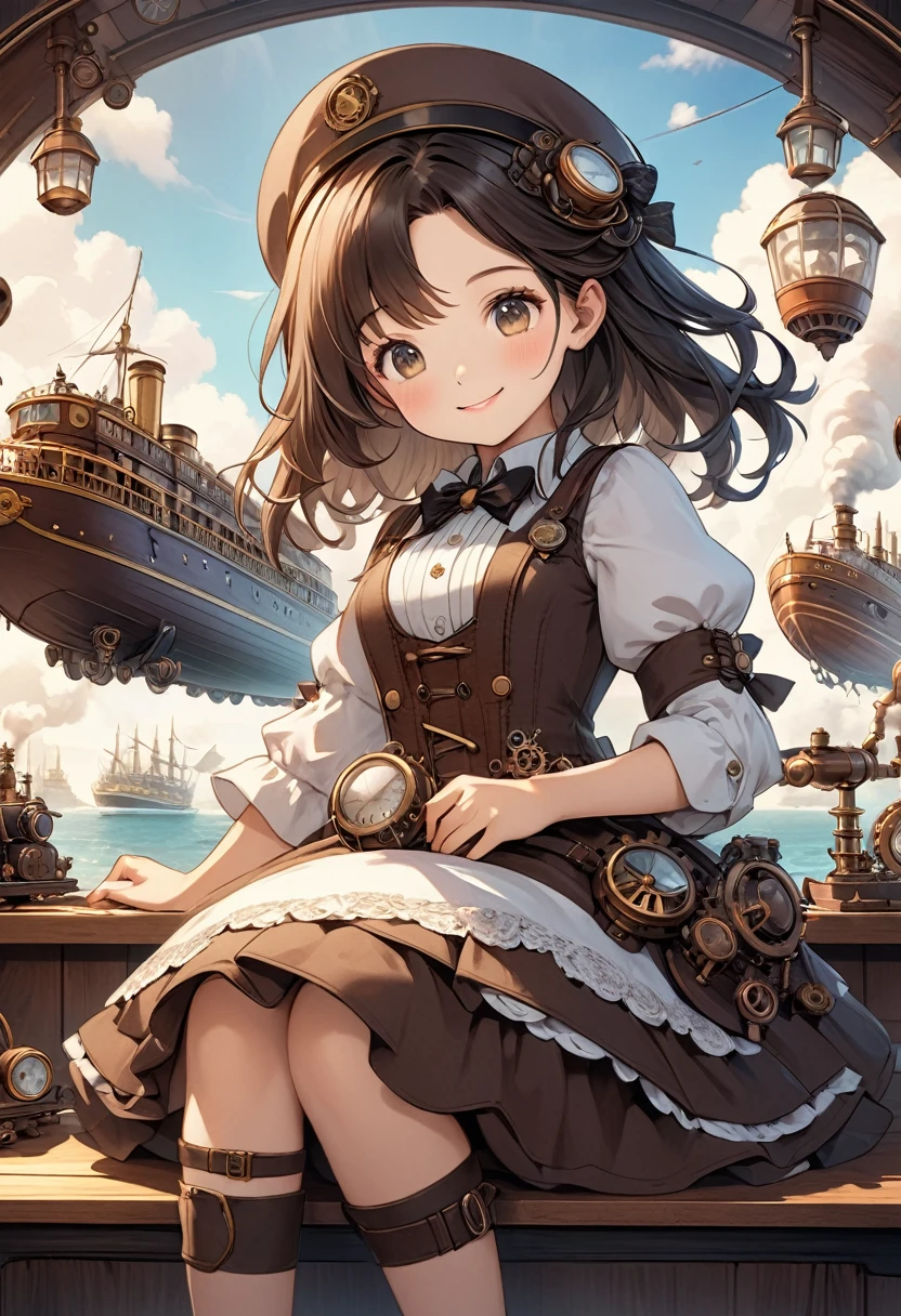 (detailed face), cartoon smiling girl sitting on table with steam train and hat, girl with parts of warship, cute and detailed artwork, steampunk zeppelin, detailed steampunk illustration, steampunk airship, detailed animation artwork,. steampunk inventor girl, steampunk illustration, steampunk airship, cute and detailed digital art, detailed anime art, high quality steampunk art, steampunk airship!!!!!!! , clean detailed animated art,