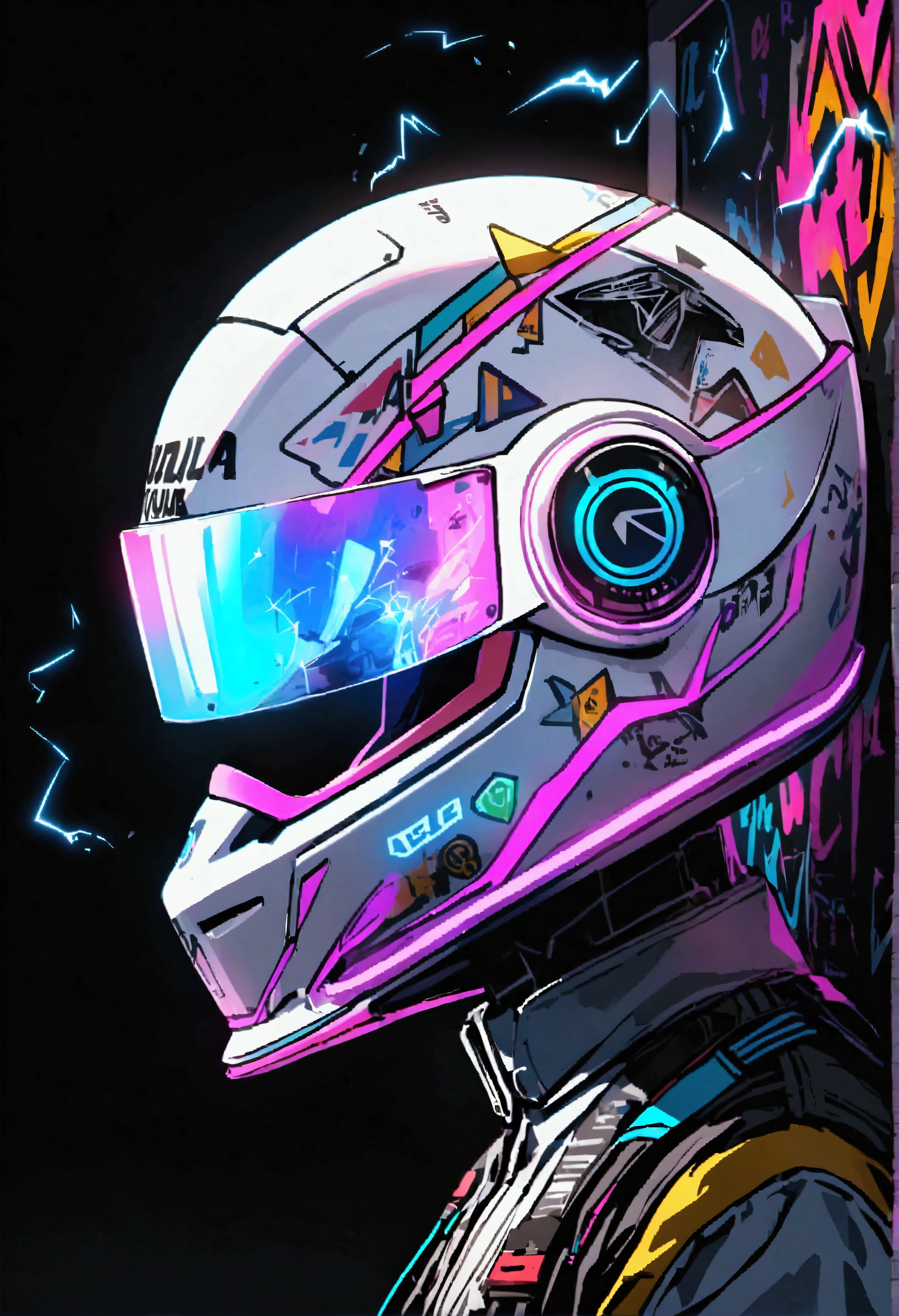 Formula 1 helmet, profile view, stickers and graffiti, letters, 0.1, white helmet black background, letters with neon edges, dark background, black background, glowing visor,electronic music, house music, electricity
