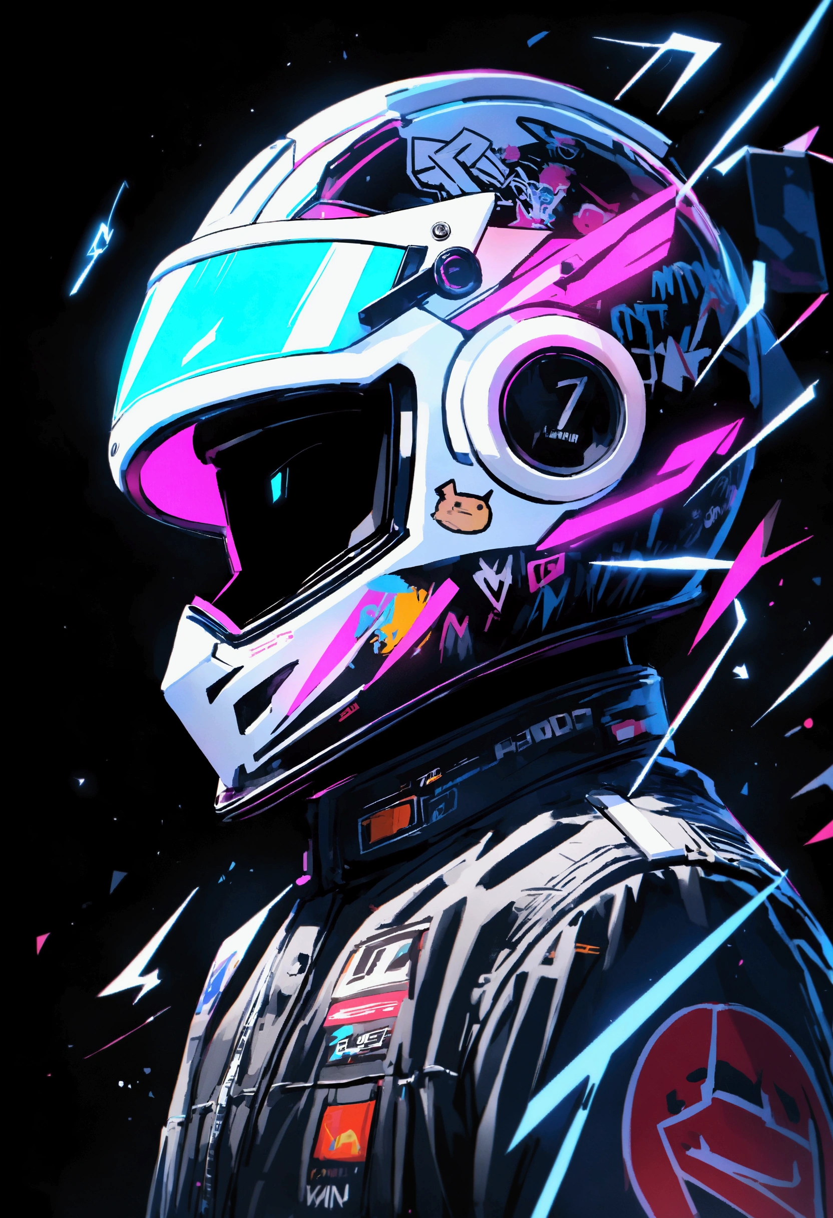 Formula 1 helmet, profile view, stickers and graffiti, letters, 0.1, white helmet black background, letters with neon edges, dark background, black background, glowing visor,electronic music, house music, electricity
