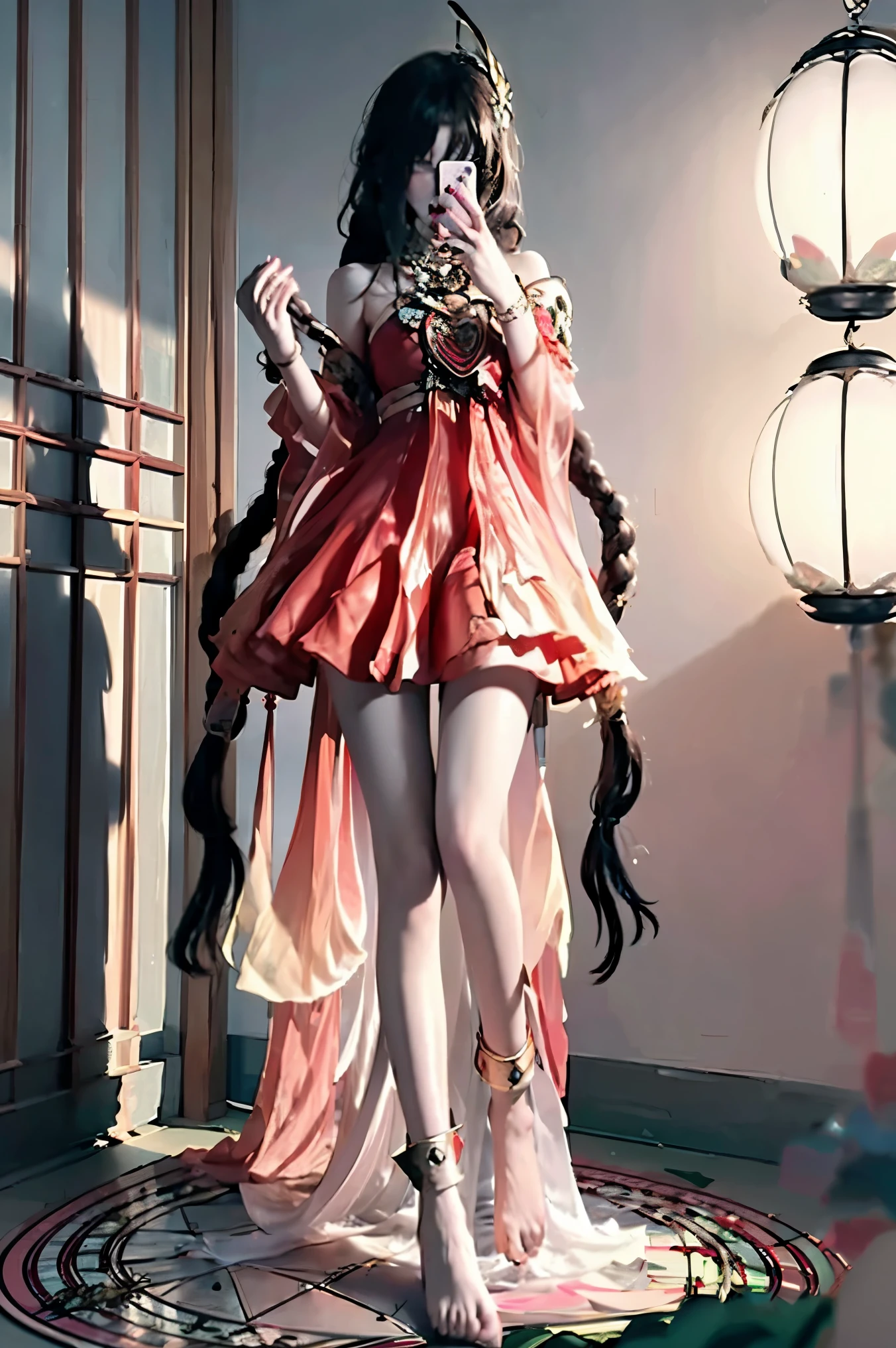 Girl, Young and handsome, tall and beautiful,Bridge, red clothes, red_Skirt,high heel,Lift your legs,Upper part of the body,  sock, barefoot, jewelry, alone, braid, fall asleep, black fur, bracelet,((((open legs)))),(((Ultra-thin legs))),
provided,Surrealism,((white gloves)), slight smile,