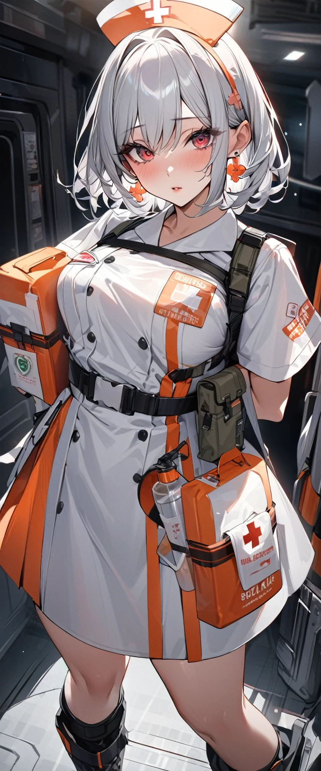 (Perfect Anatomy)、Mastepiece、Ultra High Quality、 8k、masterpiece、Highest quality、Ultra-high resolution、Maximum resolution、Very detailed、Professional Lighting、anime、woman、thin、Very beautiful face、Very beautiful eyes、(Highly detailed eye)、Highly detailed face, ，Nurse uniform, nurse, Has a submachine gun、Red Eye、Silver Hair、short hair、Earrings、Fingerless gloves、Beautiful Eyes、Gloss Lip、Tactical Boots、Equipped with transparent orange shooting goggles、Equipped with a chest rig、Carry a first aid kit、Health Corps, submachine gun