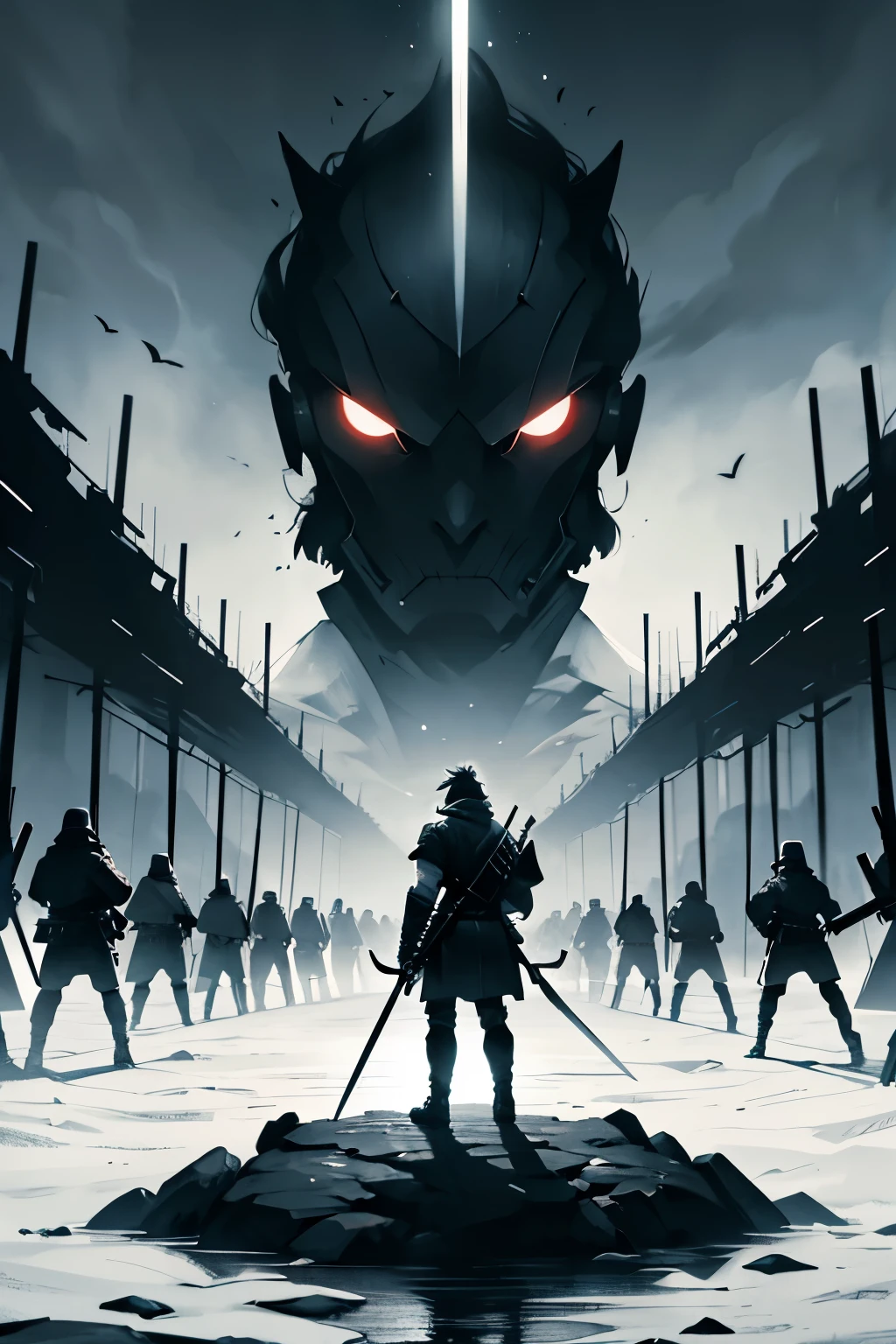 "Create an image in a monochromatic style, featuring a lone warrior facing a large army. The warrior should be in the foreground, holding a sword and standing ready for battle. The background should be filled with numerous soldiers, all pointing their spears towards the warrior, creating a dramatic and intense scene. The overall tone should be dark, with strong contrasts between black and white, highlighting the solitary figure against the overwhelming force. Include the phrase 'What's Important Now W.I.N.' at the bottom of the image."