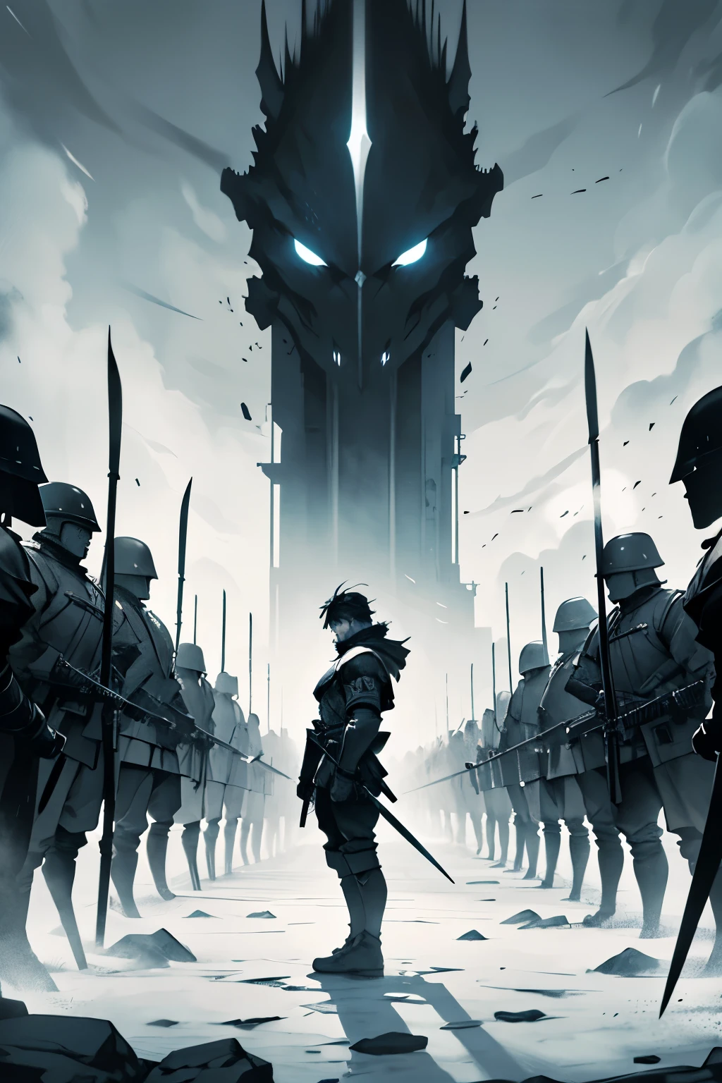 "Create an image in a monochromatic style, featuring a lone warrior facing a large army. The warrior should be in the foreground, holding a sword and standing ready for battle. The background should be filled with numerous soldiers, all pointing their spears towards the warrior, creating a dramatic and intense scene. The overall tone should be dark, with strong contrasts between black and white, highlighting the solitary figure against the overwhelming force. Include the phrase 'What's Important Now W.I.N.' at the bottom of the image."