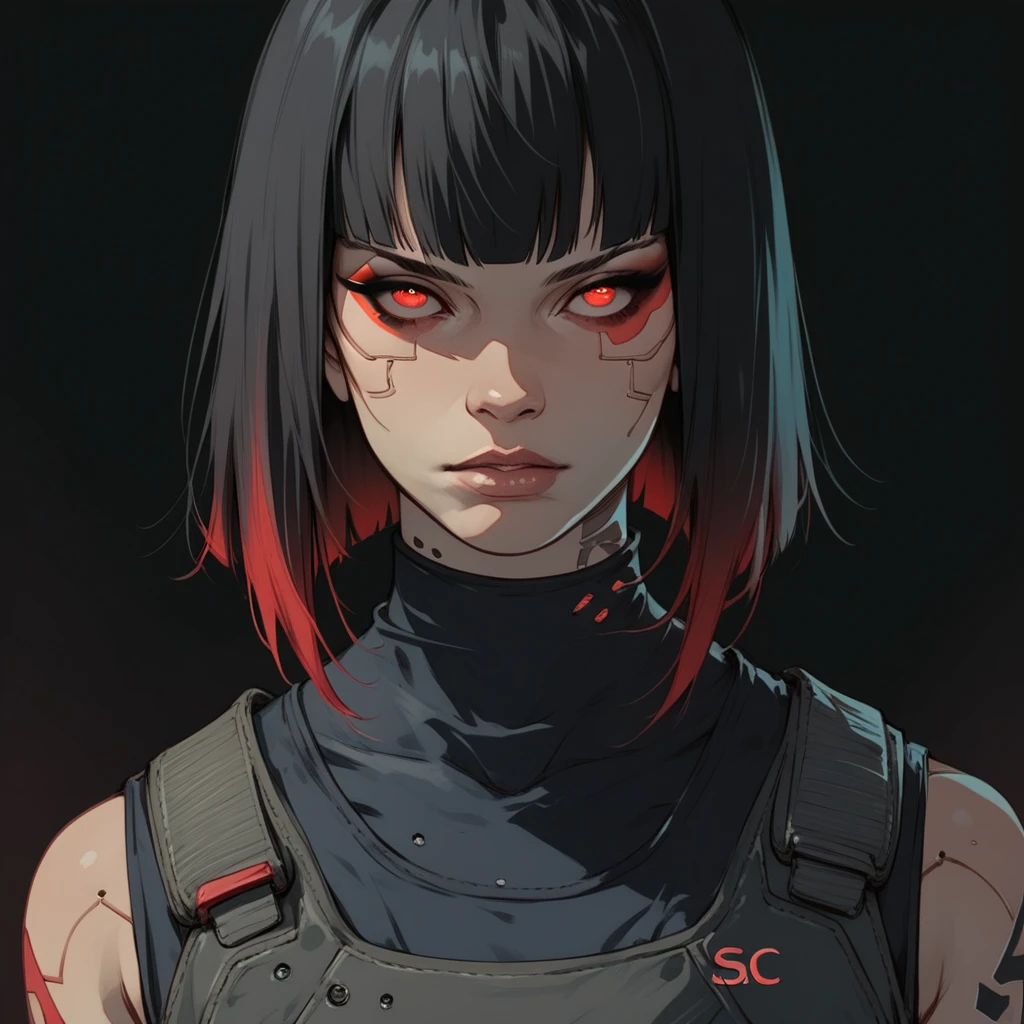 (score_9, score_8_up), score_7_up, zPDXL, 1girl, bald, hairless, asian, Short hair, straight bangs, black hair with red highlights, mask Cyberpunk, Ninja, techwear, red eyes, neon, looking at viewer, (cowboy shot), dark background sinozick style, flat color