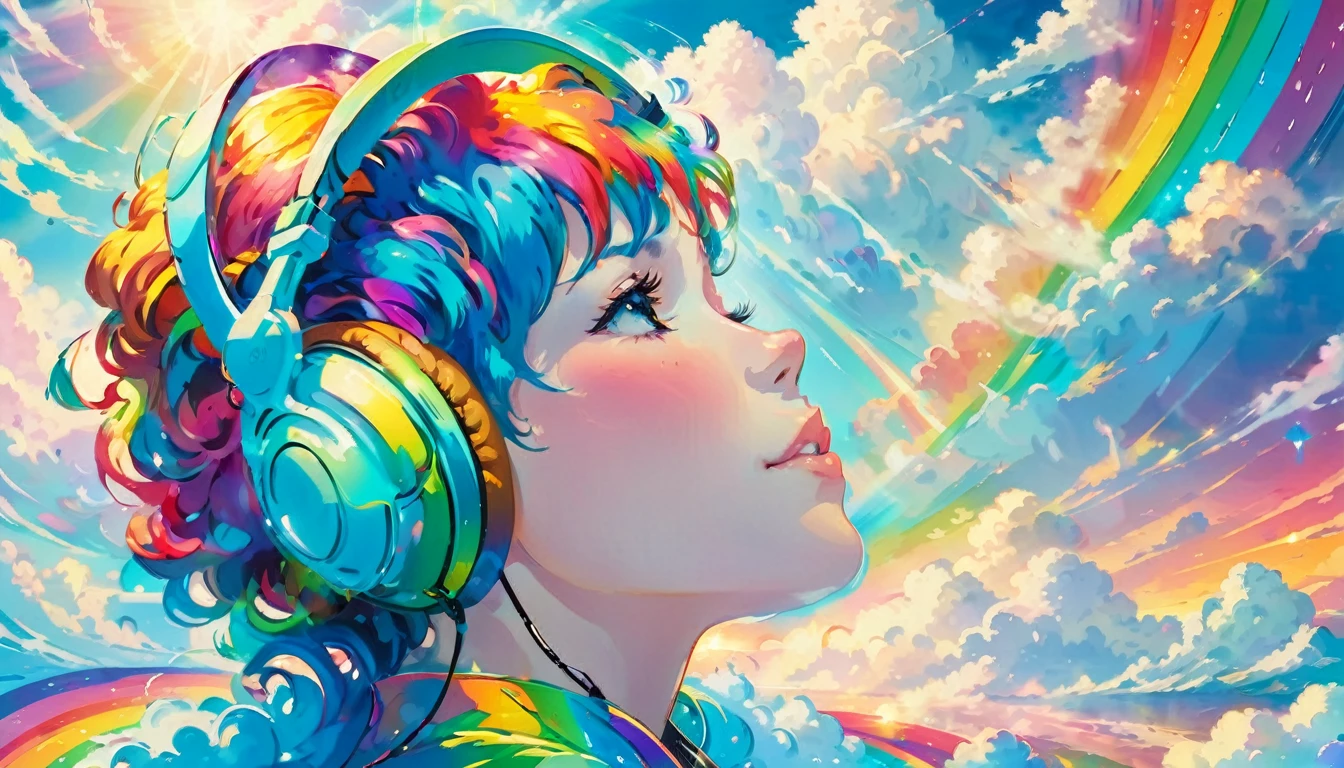 A stunningly ethereal woman, wearing headphones, composed of a dazzling array of rainbow hues, reclines gracefully at the end of a radiant rainbow amidst the fluffy clouds in the sky. Bathed in dynamic and enchanting lighting, accentuates her vibrant, full-bodied form. Fantasy art. Masterpiece 