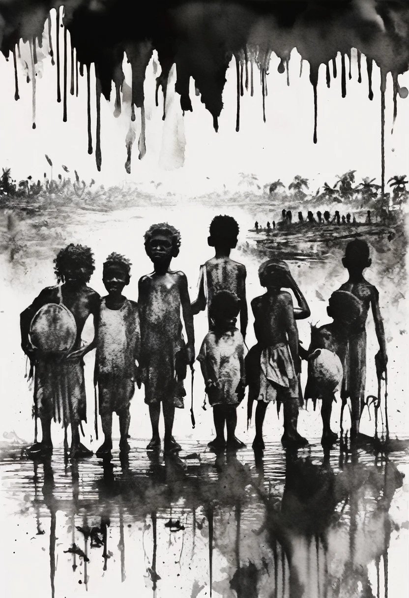 black ink art, shilouette, row of refugees, papuan, melanesian, tribes, human displacement, man woman and children, expression ink, smudge, ink stain