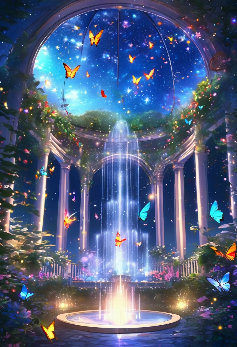 ((top quality)),((a high resolution)),night, Starry sky, Magical inner garden, dome, sparkling water fountain, Many colors, Glowing butterfly, In the background is a garden with flying petals and papayas..