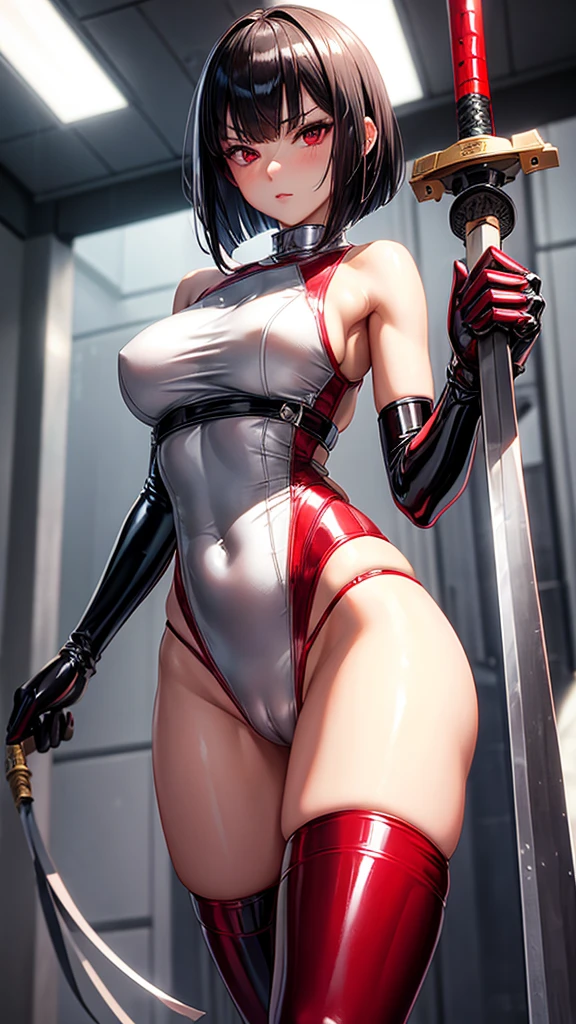 solo girl,Glossy metalic light silver tank top, tight latex shiny, Red interpolation color,Black hair bob,red eyes, camel toe, Samurai Sword,
Lift one leg, sexy lady, โชว์กางเกงใน girl,
