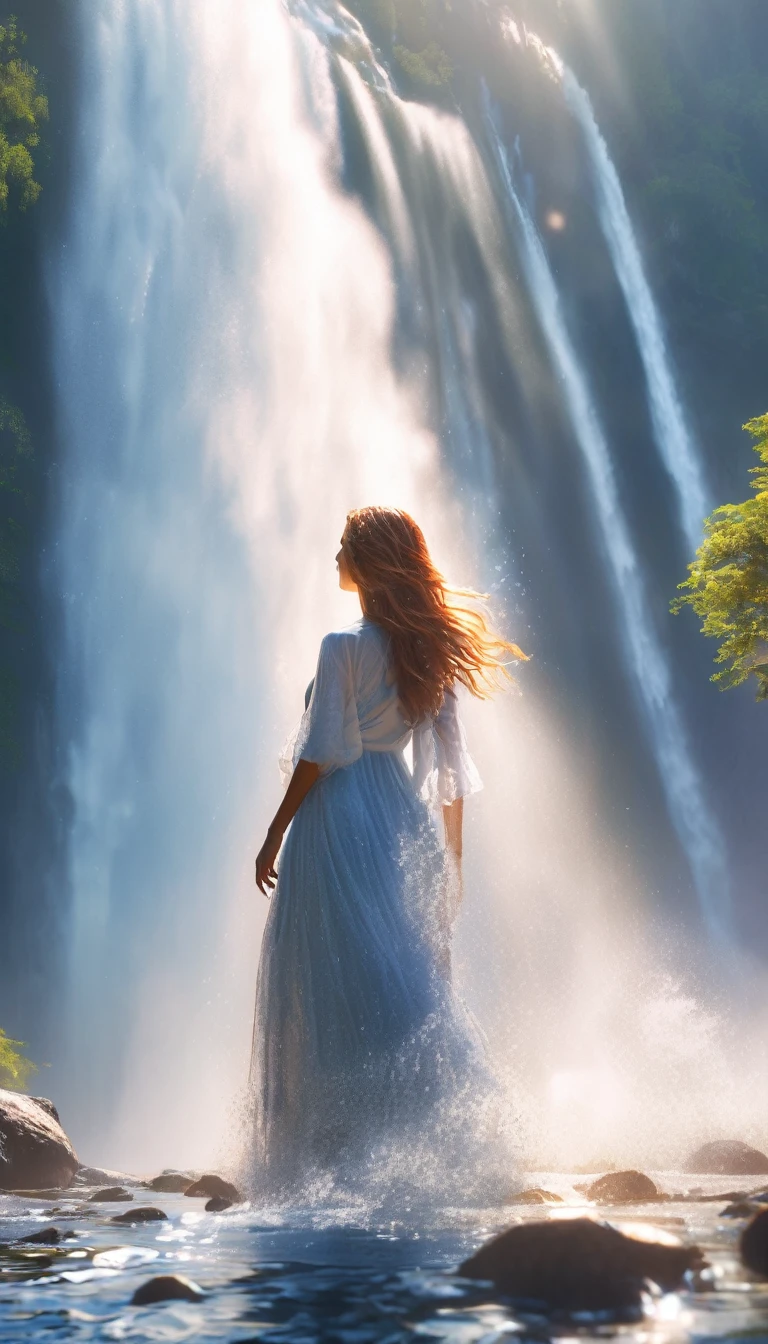 low angle view，Young woman, standing in front of a huge waterfall, looks up.，Rising water vapor，sun glare, spots，realistic raytracing，True reflection of light，real refraction of light，super excellent，super realistic，Super dreamy，extreme image，8 K，masterpiece，