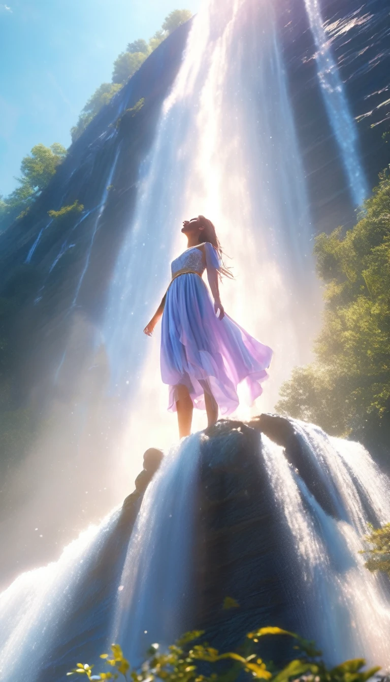 low angle view,Young woman, standing in front of a huge waterfall, looks up.,Rising water vapor,sun glare, spots,realistic raytracing,True reflection of light,real refraction of light,super excellent,super realistic,Super dreamy,extreme image,8 K,masterpiece,