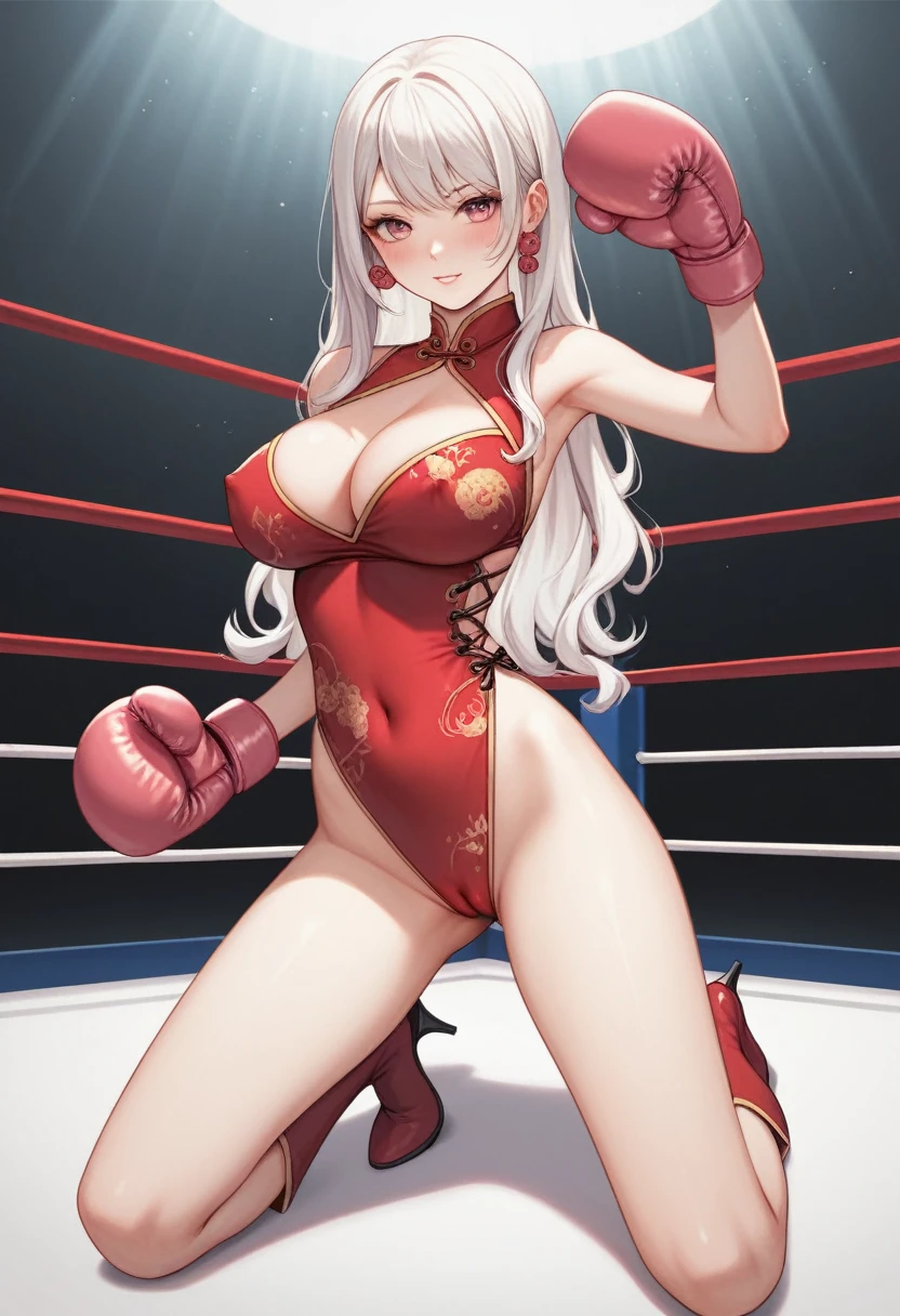 A slim beautiful girl,Good shape,Pretty Face,detailed picture, blush,White long hair,Wearing cheongsam,Wearing black suspender stockings,high-heel boots,Wearing pink boxing gloves,Wearing sleeves,Kneeling alone in the boxing ring and making sexy moves,Large Breasts,Cleavage,Thin legs,nipple,Camel toe