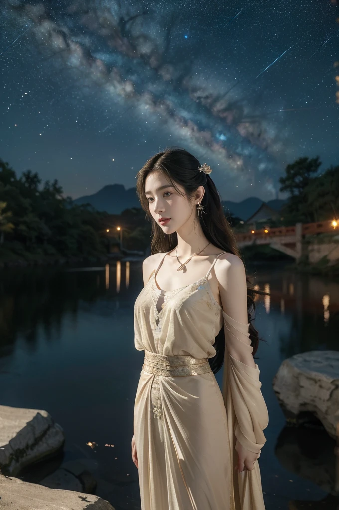 (((best quality))),(((ultra detailed))),(((masterpiece))),illustration,((1 beautiful girl,solo)),(shoulder length straight hair:1.2),((earrings,necklace)),((slim,thin)),((small breasts,flat chest)),(gorgeous sheer red Hanfu:1.5),(slender legs:1.2),(loafers:1.2),(standing:1.3),(arms behind back:1.5),(on the stone arch bridge:1.3),((starry sky,the Milky Way,horizon)),elegance, grace, sophisticated updo, delicate hairpins, twinkling stars, radiant smile, bright eyes, wonder, beauty of the night sky, intricate patterns, flowers, birds, vibrant colors, ethereal, enchanting, old bridge, weathered, sturdy, natural surroundings, serene, peaceful atmosphere, rippling water, stars, graceful silhouette, magic, tranquility, twinkling stars, mesmerizing canopy of light, cool air, crisp, faint scent of blooming flowers, contemplation, admiration, ancient China, timeless, rich culture, traditions, captivating, enchanting atmosphere, myth, legend,((from front,upper body)),(cowboy shot:1.3)