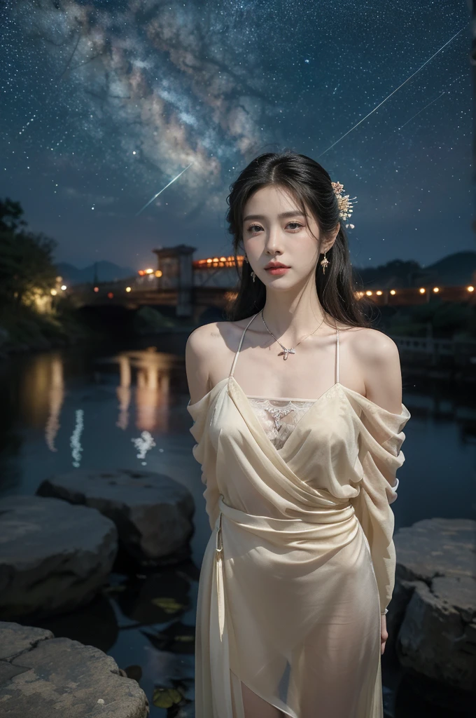 (((best quality))),(((ultra detailed))),(((masterpiece))),illustration,((1 beautiful girl,solo)),(shoulder length straight hair:1.2),((earrings,necklace)),((slim,thin)),((small breasts,flat chest)),(gorgeous sheer red Hanfu:1.5),(slender legs:1.2),(loafers:1.2),(standing:1.3),(arms behind back:1.5),(on the stone arch bridge:1.3),((starry sky,the Milky Way,horizon)),elegance, grace, sophisticated updo, delicate hairpins, twinkling stars, radiant smile, bright eyes, wonder, beauty of the night sky, intricate patterns, flowers, birds, vibrant colors, ethereal, enchanting, old bridge, weathered, sturdy, natural surroundings, serene, peaceful atmosphere, rippling water, stars, graceful silhouette, magic, tranquility, twinkling stars, mesmerizing canopy of light, cool air, crisp, faint scent of blooming flowers, contemplation, admiration, ancient China, timeless, rich culture, traditions, captivating, enchanting atmosphere, myth, legend,((from front,upper body)),(cowboy shot:1.3)