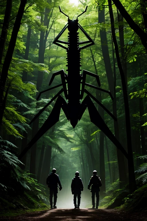 high resolution、Delicate depiction、８K、Fantasy、in the forest、昼なのに暗いin the forest、Creatures standing before your eyes、３meter、silhouette、２Benzu、upright、Fine details are not visible、Shadow、A monster similar to a praying mantis