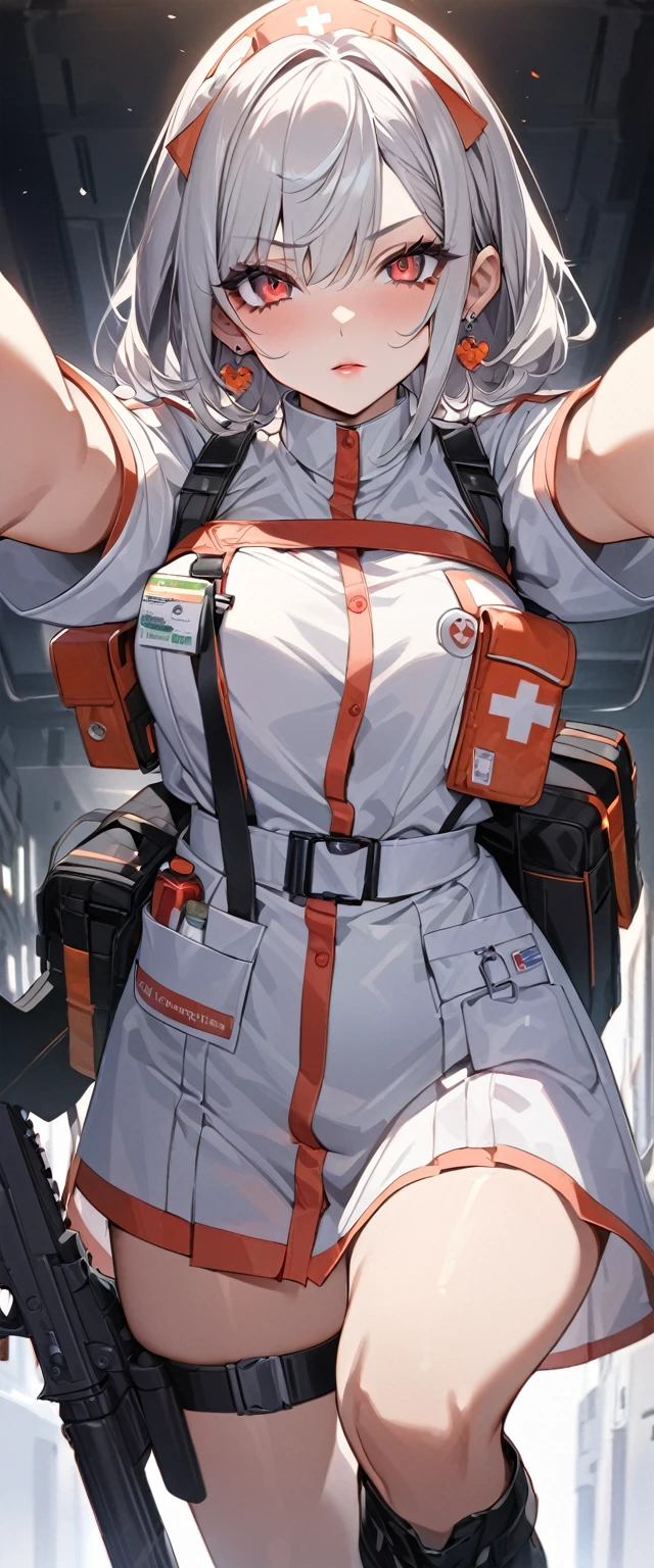 (Perfect Anatomy)、Mastepiece、Ultra High Quality、 8k、masterpiece、Highest quality、Ultra-high resolution、Maximum resolution、Very detailed、Professional Lighting、anime、woman、thin、Very beautiful face、Very beautiful eyes、(Highly detailed eye)、Highly detailed face, ，Nurse uniform, nurse, Has a submachine gun、Red Eye、Silver Hair、short hair、Earrings、Fingerless gloves、Beautiful Eyes、Gloss Lip、Tactical Boots、Equipped with transparent orange shooting goggles、Equipped with a chest rig、Carry a first aid kit、Health Corps, ((submachine gun)), (((hold a gun and take aim))), (((aiming at viewer gun)))