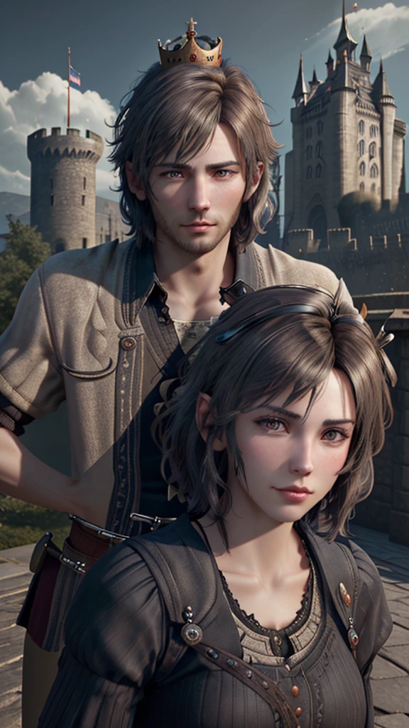 Handsome short-haired man wearing a crown with the castle in the background, HD, unreal engine. 3d