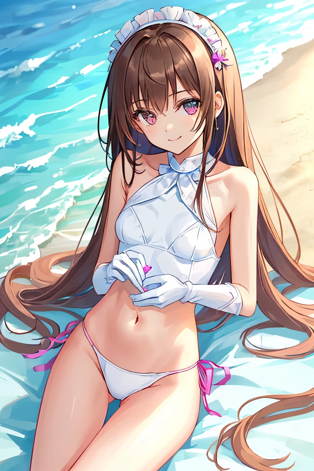 (1_girl, masterpeice, cleanbeautiful:1.6), energetic, (anime:1.5), (soft:1.8), (young:1.5), (cute:1.8), (extremely_delicate, delicate:1.8), (thin:1.3), (beautiful:1.3), (beach_background:1.5), (dark_long_brown_hair:1.5), (soft_bright_pink_eyes, wearing_pink_bikini, wearing_thin_white_gloves:1.5), (maid), soft_chin, (no_outlines:1.5), (cute_soft_smile:1.6), age_fits_body, (small_thighs), (love_magic:1.5), (eye_level:1.3), (slim_body:1.3), (breasts), (love, love_magic, aphrodisiac:1.5)
