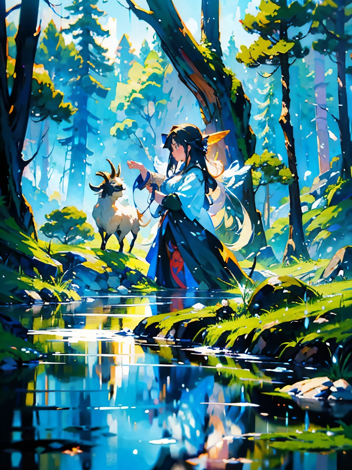 painting of a woman in a dress with two goats by a lake, beautiful character painting, non-style artwork by guweiz, fantasy art style, fantasy style art, Slavic folk fairy tale, alice x. zhang, a beautiful art illustration, beautiful digital illustration, beautiful maiden, slavic mythology, beautiful full-body concept art, beautiful maiden de fantasia, epic fantasy art style