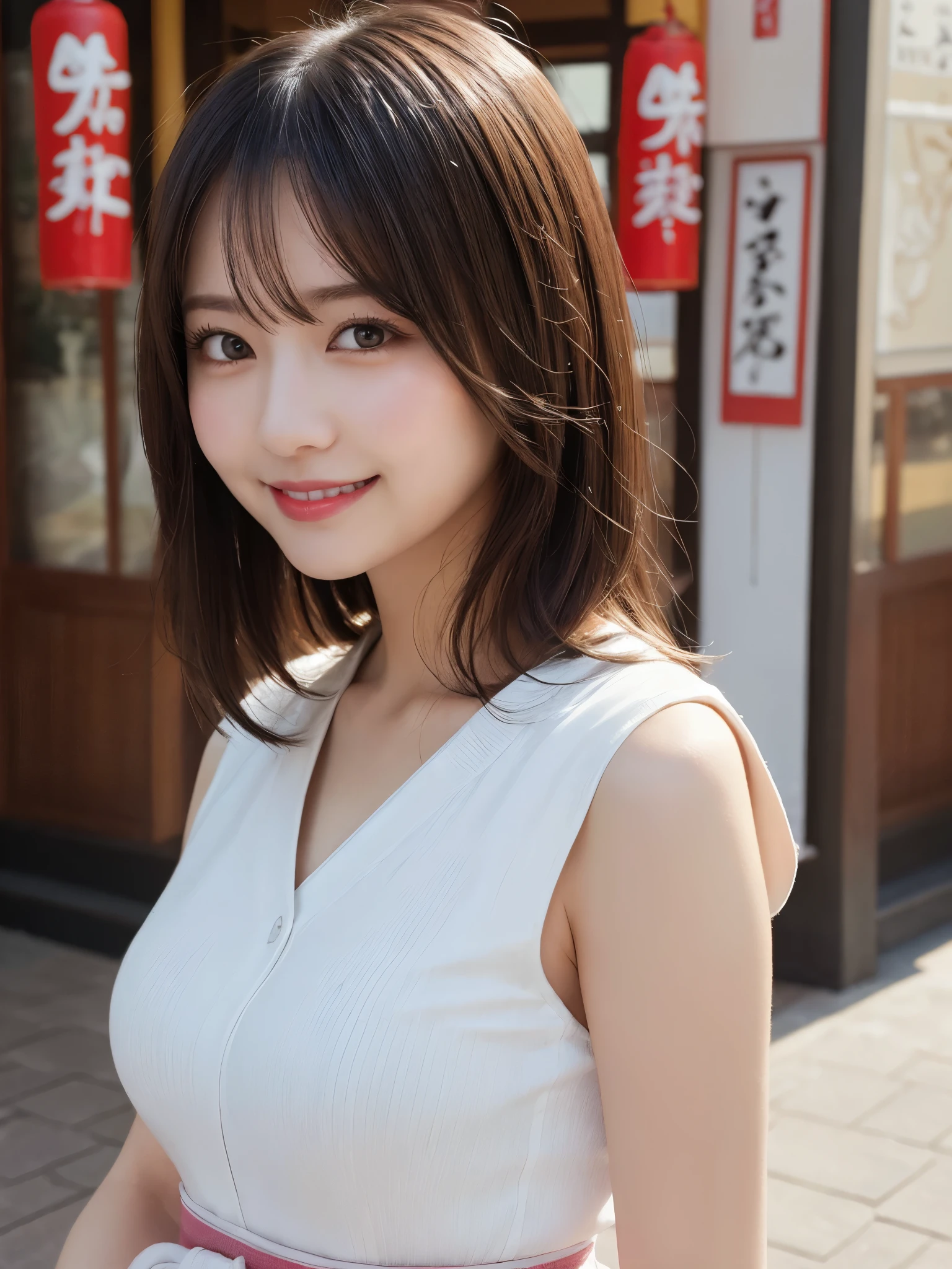 masterpiece, best quality, illustration, ultra-detailed, finely detailed, high resolution, 8K wallpaper, perfect dynamic composition, beautiful detailed eyes, Asakusa, traditional attire, medium hair, small breasts, serene pose, smile, looking at camera
