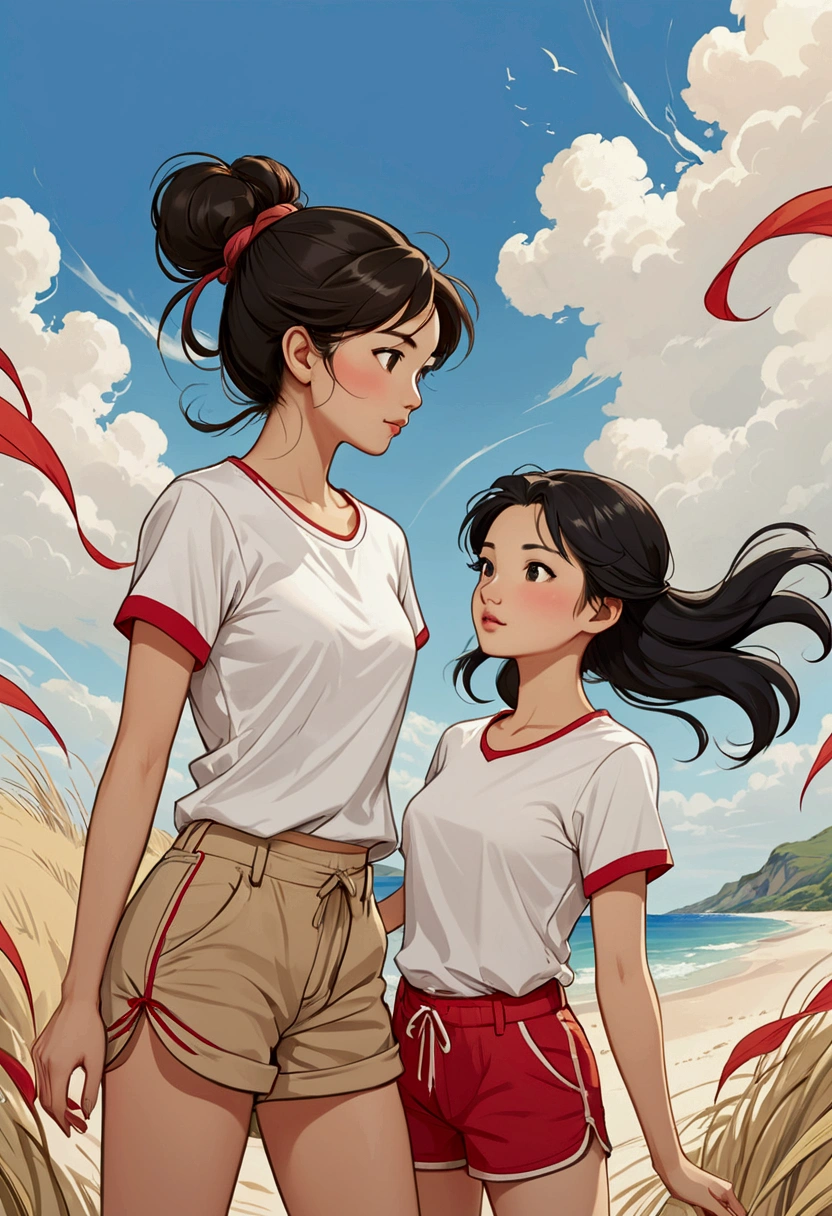 Two beautiful young women in Sarah Kay style, in love. One is an Asian woman with long black hair blowing in the wind, the other young woman is a young British woman with semi-short light brown hair tied in a bun, both dressed in a white T-shirt and red details on the edges of her short sleeves, they are wearing short colored Bermuda shorts. beige
