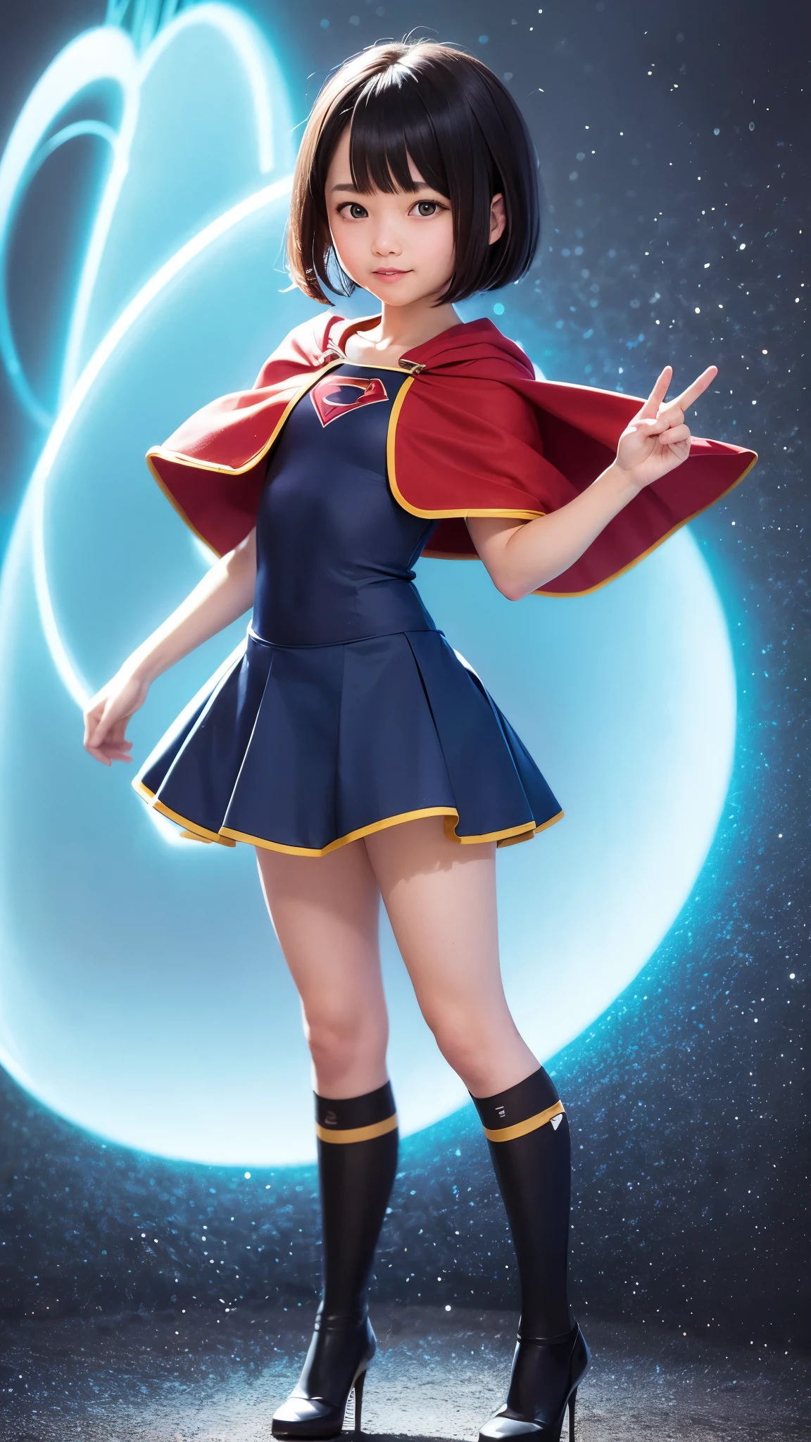 A is wearing Supergirl clotheasterpiece、highest quality、Spreading black hair、bob cut with trimmed ends、big ass, wide hip, (flat chest)、high heels, lolicon、red cloak、short sleeve、pink heart-shaped particles、The background of the universe、whole body、smile、High leg、Thin crotch、Magic comes out of the hands