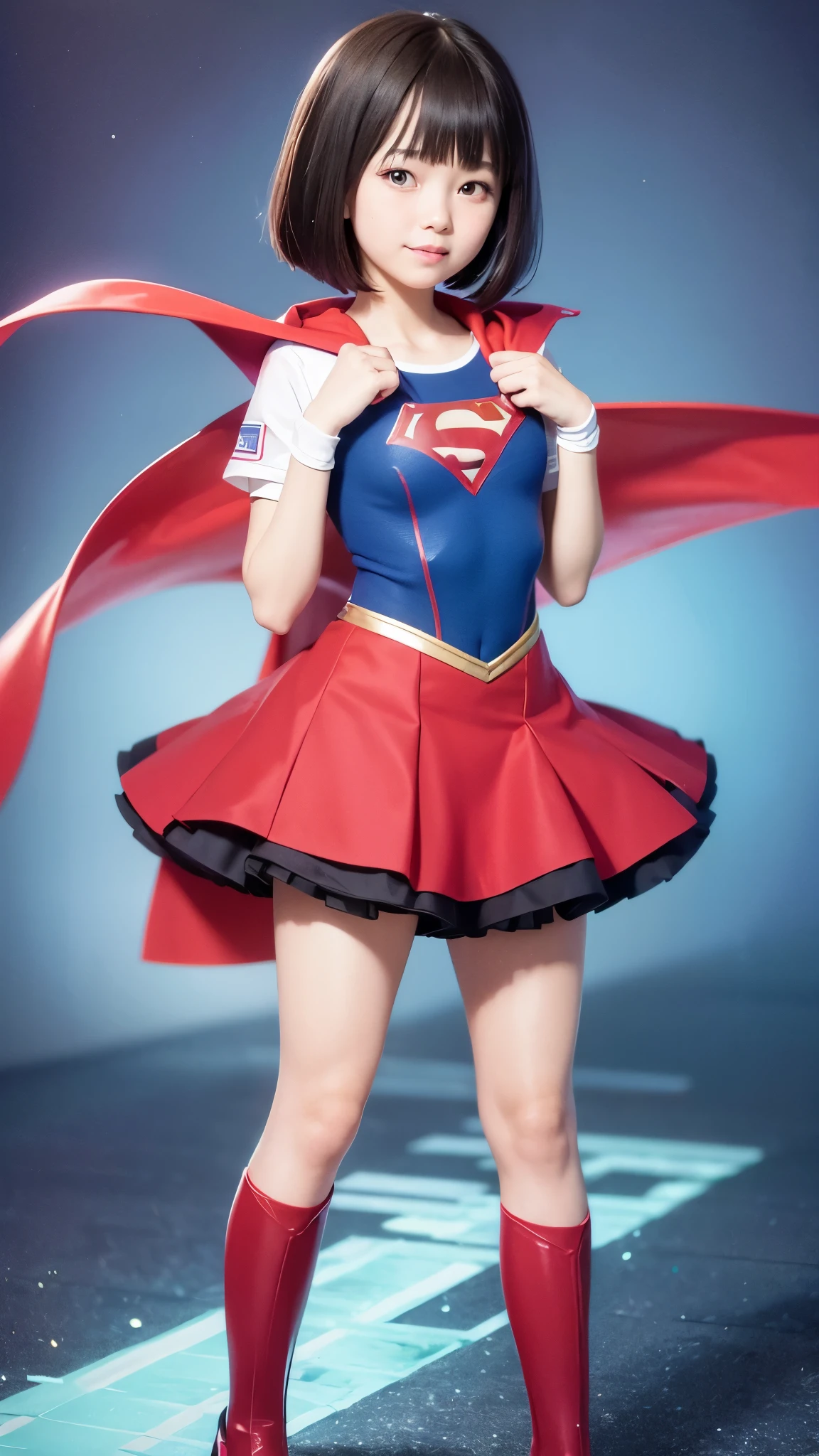 A is wearing Supergirl clotheasterpiece、highest quality、Spreading black hair、bob cut with trimmed ends、big ass, wide hip, (flat chest)、high heels, lolicon、red cloak、short sleeve、pink heart-shaped particles、The background of the universe、whole body、smile、High leg、Thin crotch、Magic comes out of the hands