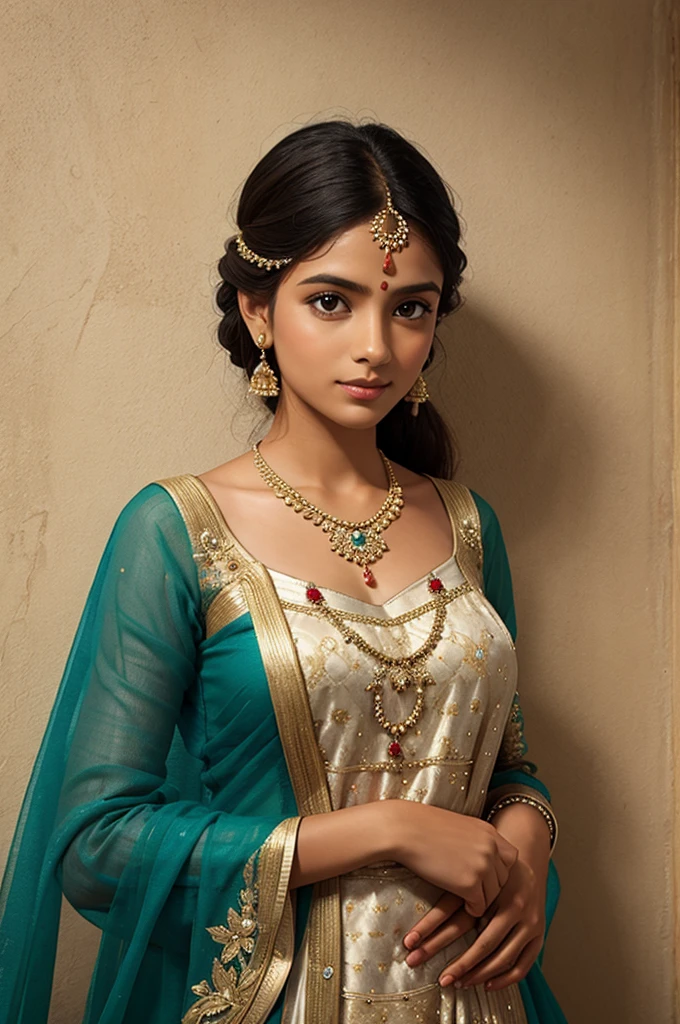 A indian girl, wearing bridal dress, jewellery, looking to viewers, 