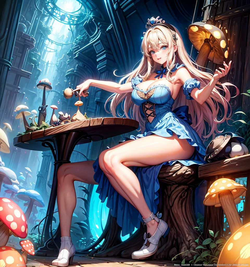 a beautiful 20 year old blonde woman with big messy hair in a blue dress, white stockings, black headband, cleavage, holding a glowing mushroom, sitting on a giant glowing mushroom, fantasy art style, rossdraws cartoon vibrant, alice in wonderland cyberpunk, cute detailed digital art, colorfull digital fantasy art, digital fantasy art ), glossy digital painting, rossdraws pastel vibrant, rossdraws 2. 5, rossdraws 1. 0