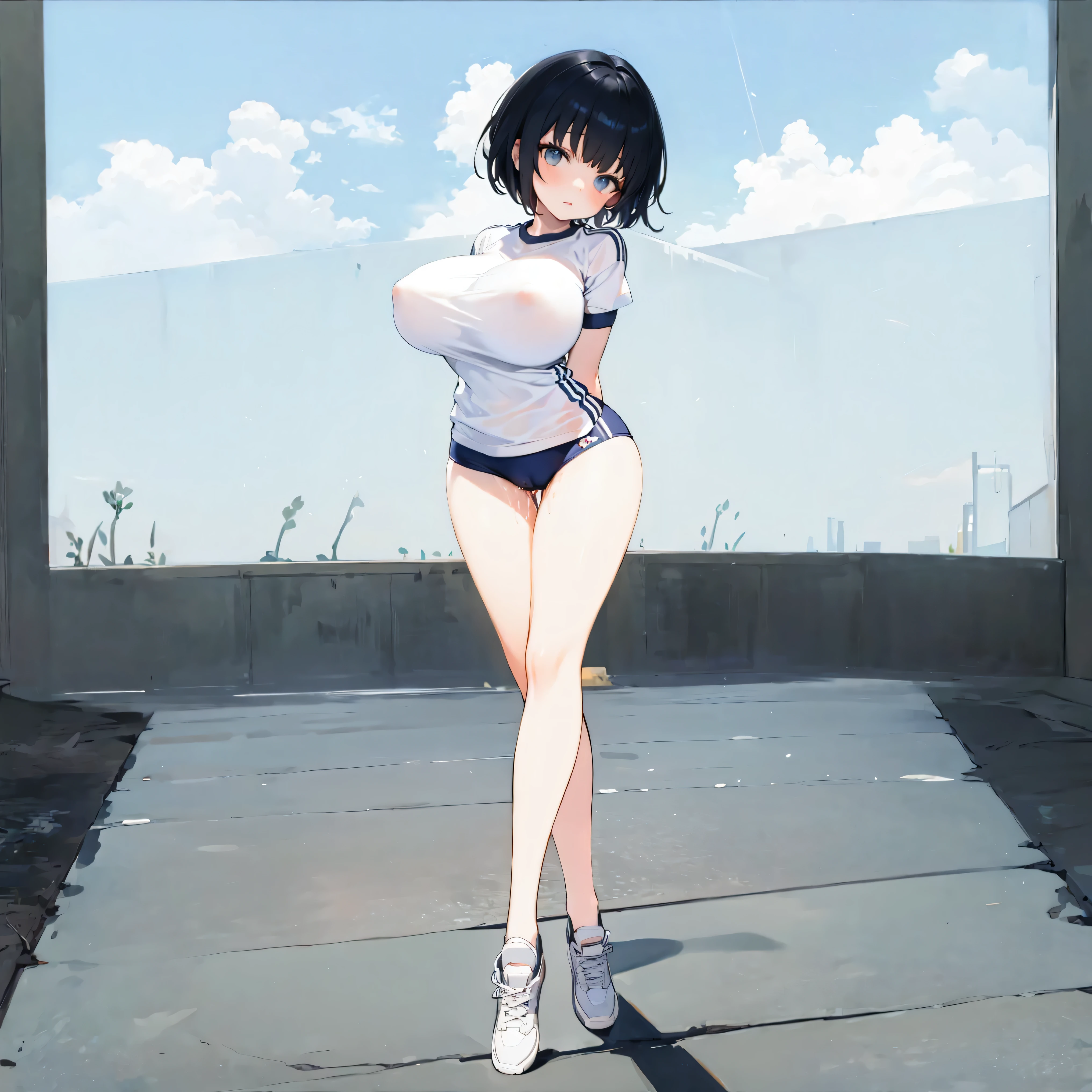 (solo), skinny girl standing in primary school, arms behind back, (very short tight brm), (thigh gap:1.2), (gym uniform), (swaying back), (show off cameltoe for viewer:1.2), (bursting huge breasts:1.2), (disproportionately huge breasts), BREAK, long (skinny legs), BREAK, school buildings in background, BREAK, nsfw, orgasm, (excessive pussy juice), expressionless, coverd erectile nipples, (coverd erectile clitoris:1.2)