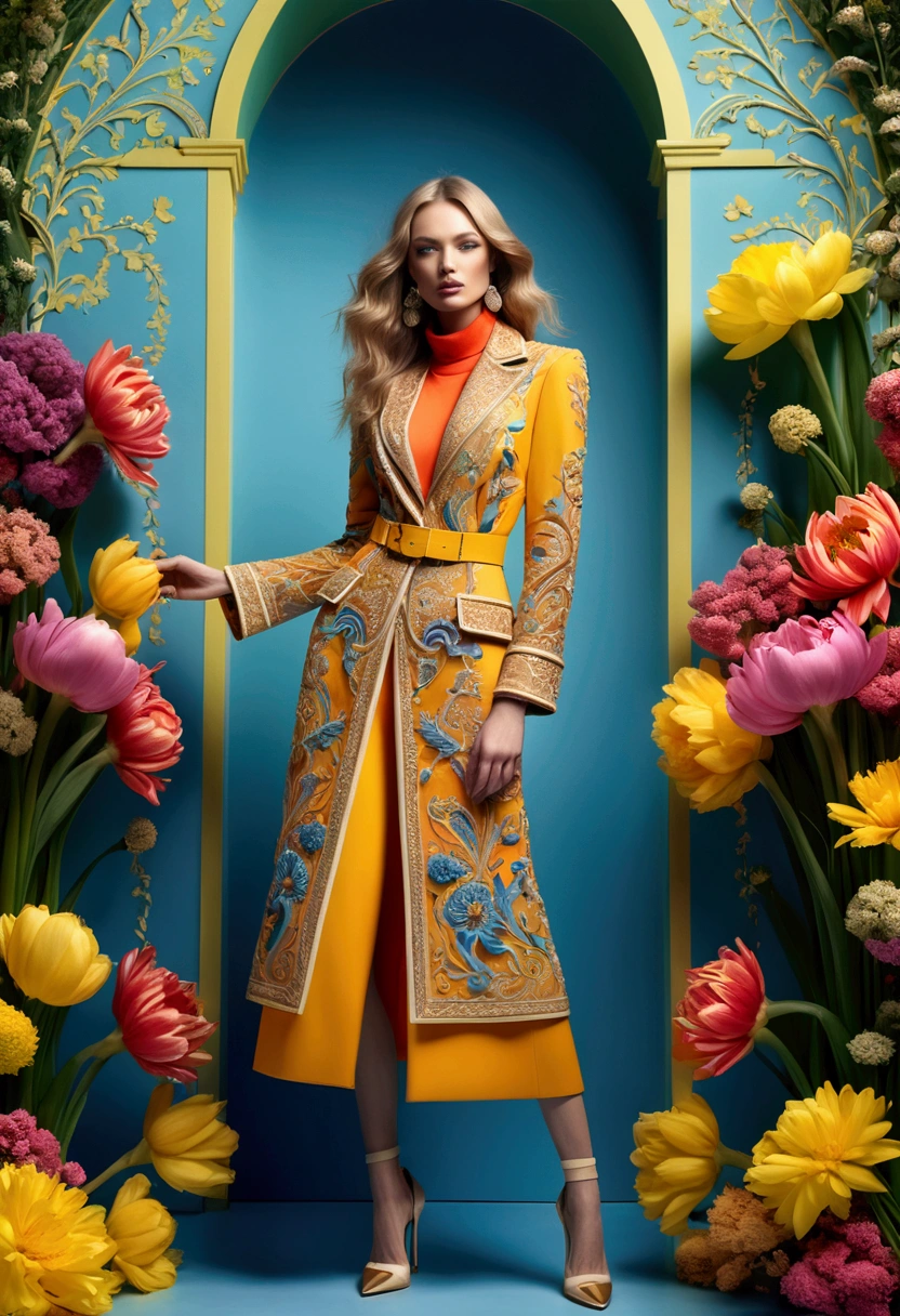 (Fashion Model), Photoshoot of in fashion spring attire, full body, award-winning, cinematic still, emotional, vignette, dynamic, vivid, (masterpiece, best quality, Professional, perfect composition, very aesthetic, absurdres, ultra-detailed, intricate details:1.3)