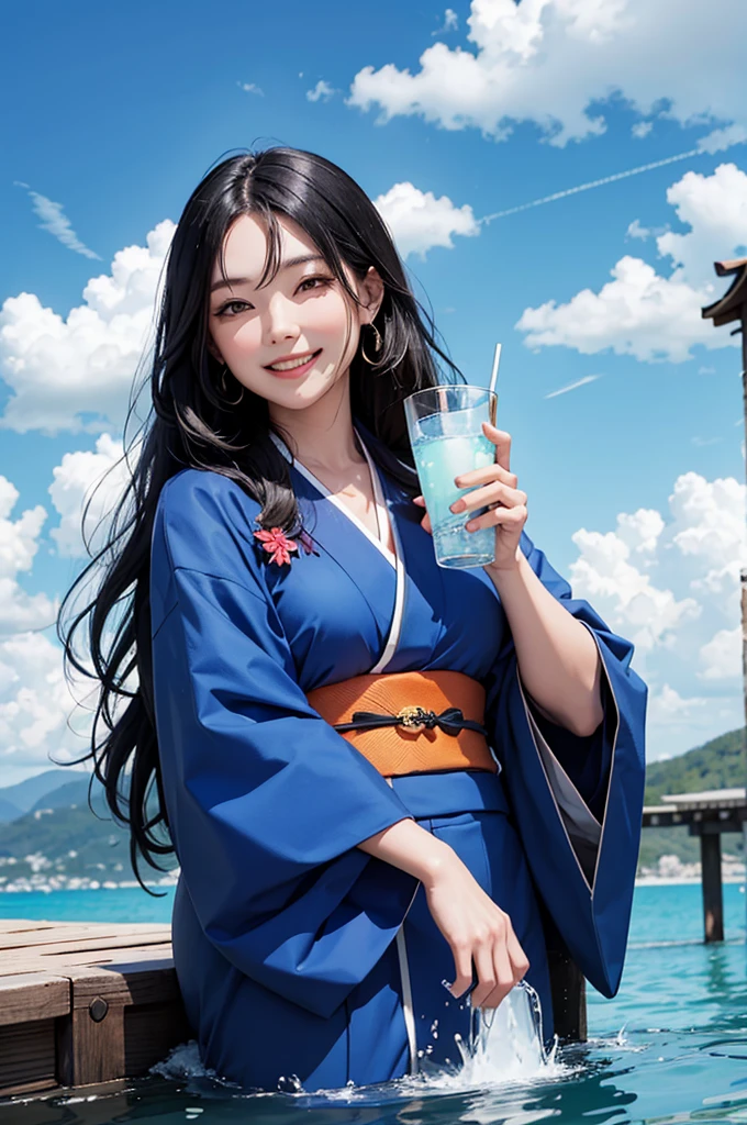 Smiling beautiful woman with black hair and kimono drinking water under the blue sky