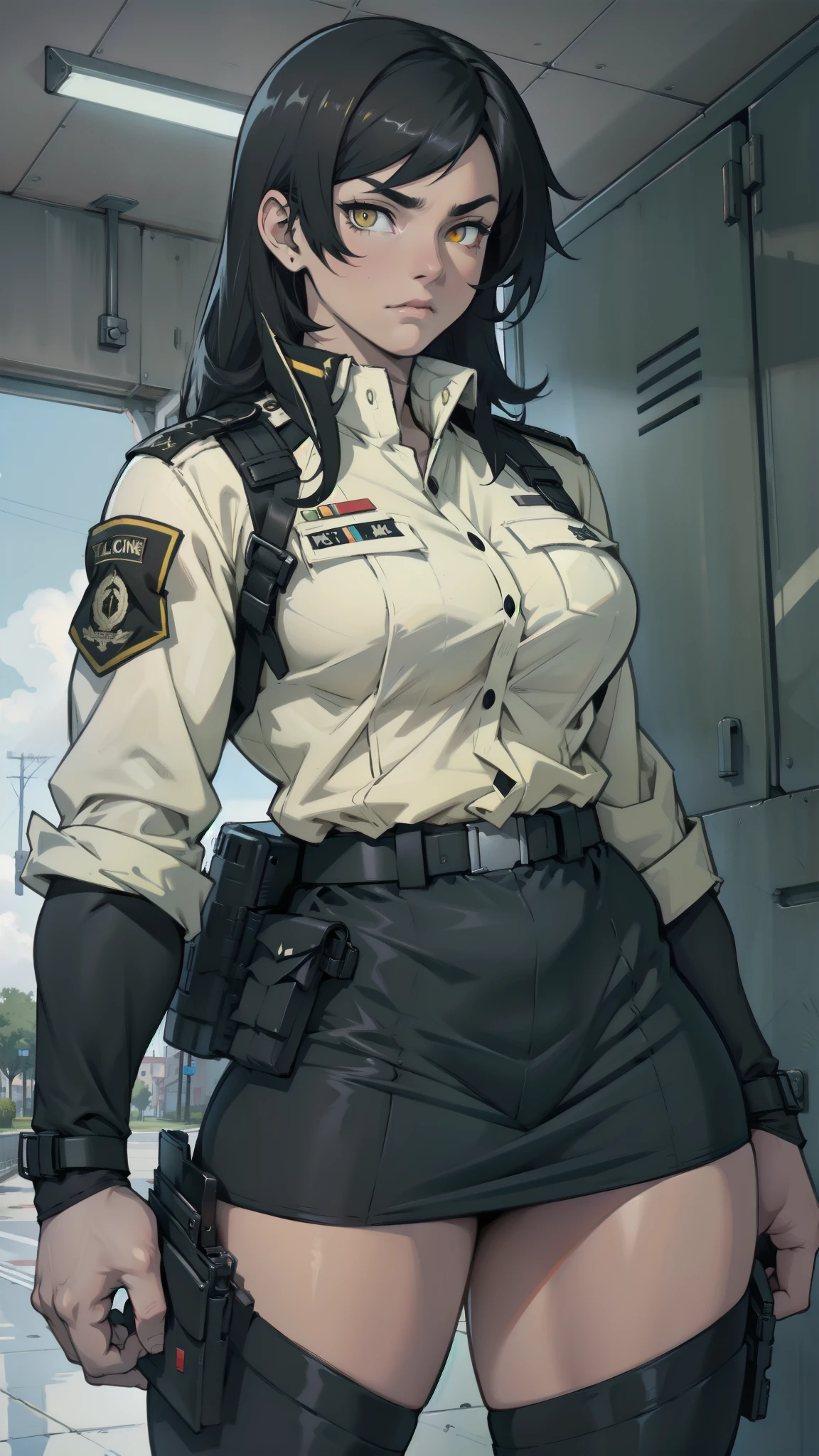 muscular girl thick black hair yellow eyes pale thick breasts holster sad ((black military uniform))