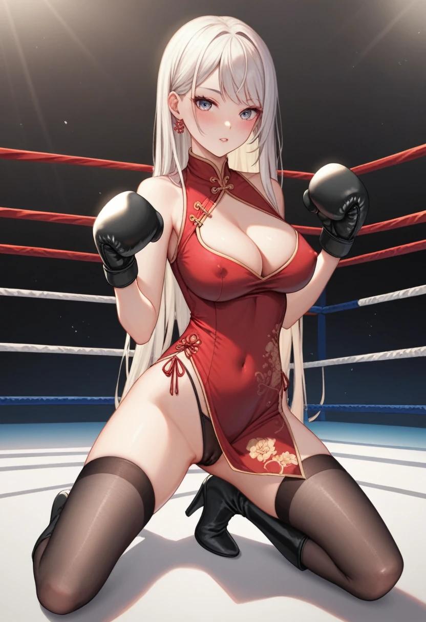 A slim beautiful girl,Good shape,Pretty Face,detailed picture, blush,White long hair,Wearing cheongsam,Wearing black suspender stockings,high-heel boots,Wearing black boxing gloves，Wearing black sleeves,Kneeling alone in the boxing ring and making sexy moves,Large Breasts,Cleavage,Thin legs,nipple,Camel toe