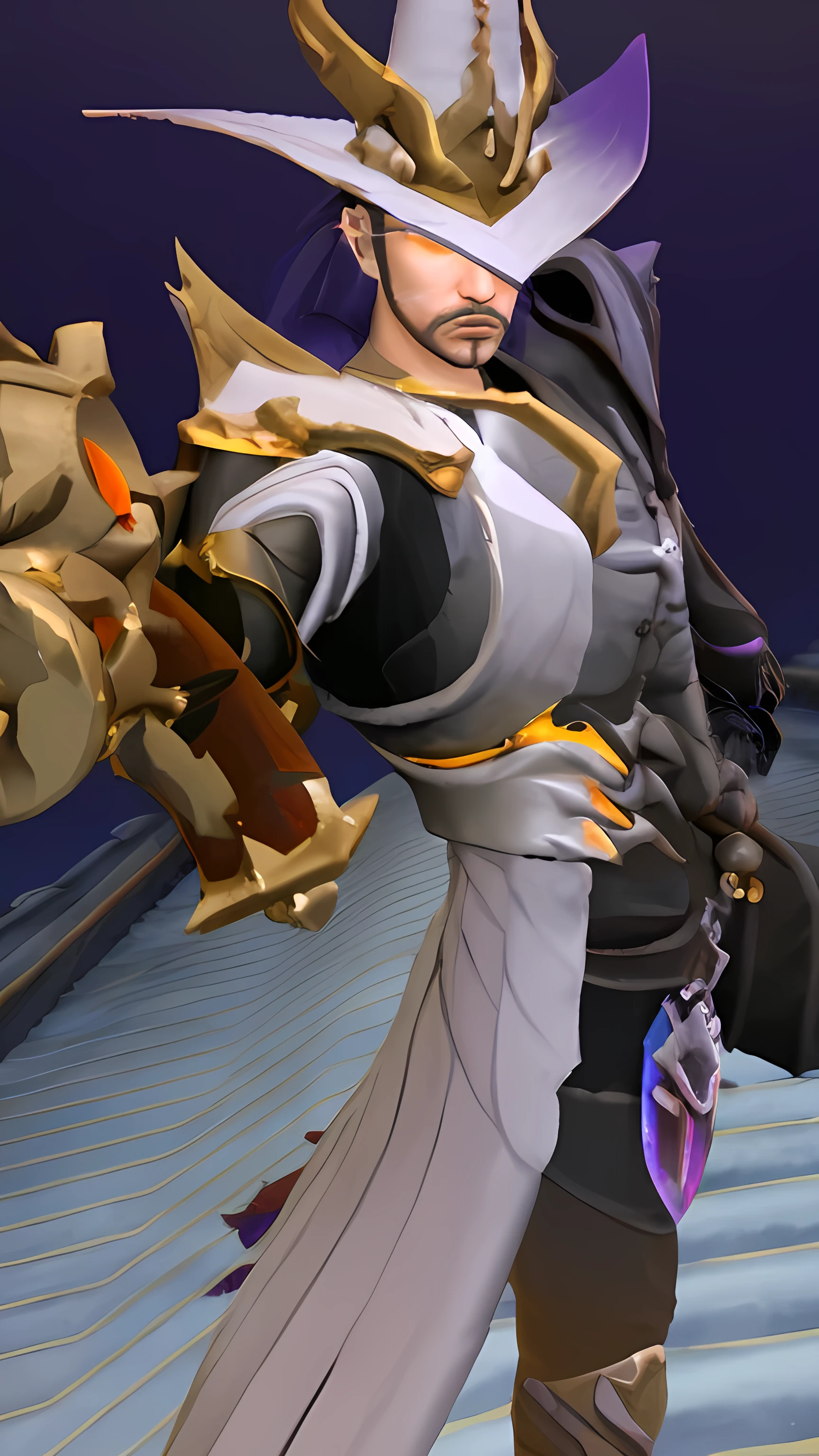 a close up of a person with a sword and a hat, a screenshot inspired by Huang Shen, trending on polycount, vanitas, huge stylized pauldrons, huge pauldrons, closeup of arms, detailed arms, oversized pauldrons, extreme detail skin, golden pauldrons, huge shoulder pauldrons, unreal detail
