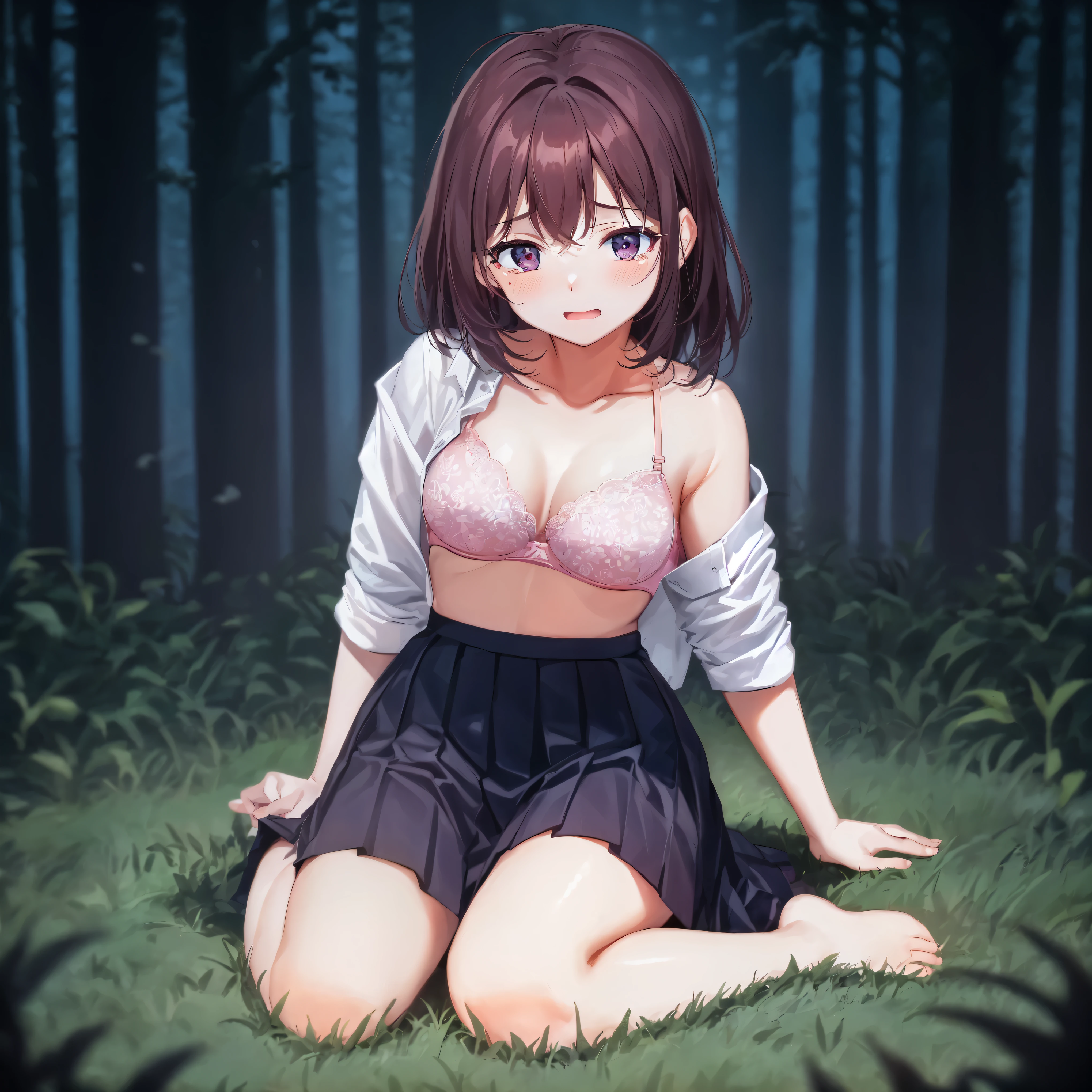 night,crying,surprise,blush,Dark Forest,White shirt,In the process of removing panties,Pleated skirt,Photoreal 1;4,shoulder length brown hair,{high quality pink bra}},full body ,portrait1;4, {{beautiful medium size breasts 1:4}}, torn shirt, high quality panties,{{schoolgirl}},top quality,cute girl,high quality background, slanted eyes, detailed shirt chest wrinkles,BREAK, {{beautiful blue eye1:4}}, BREAK, five fingers