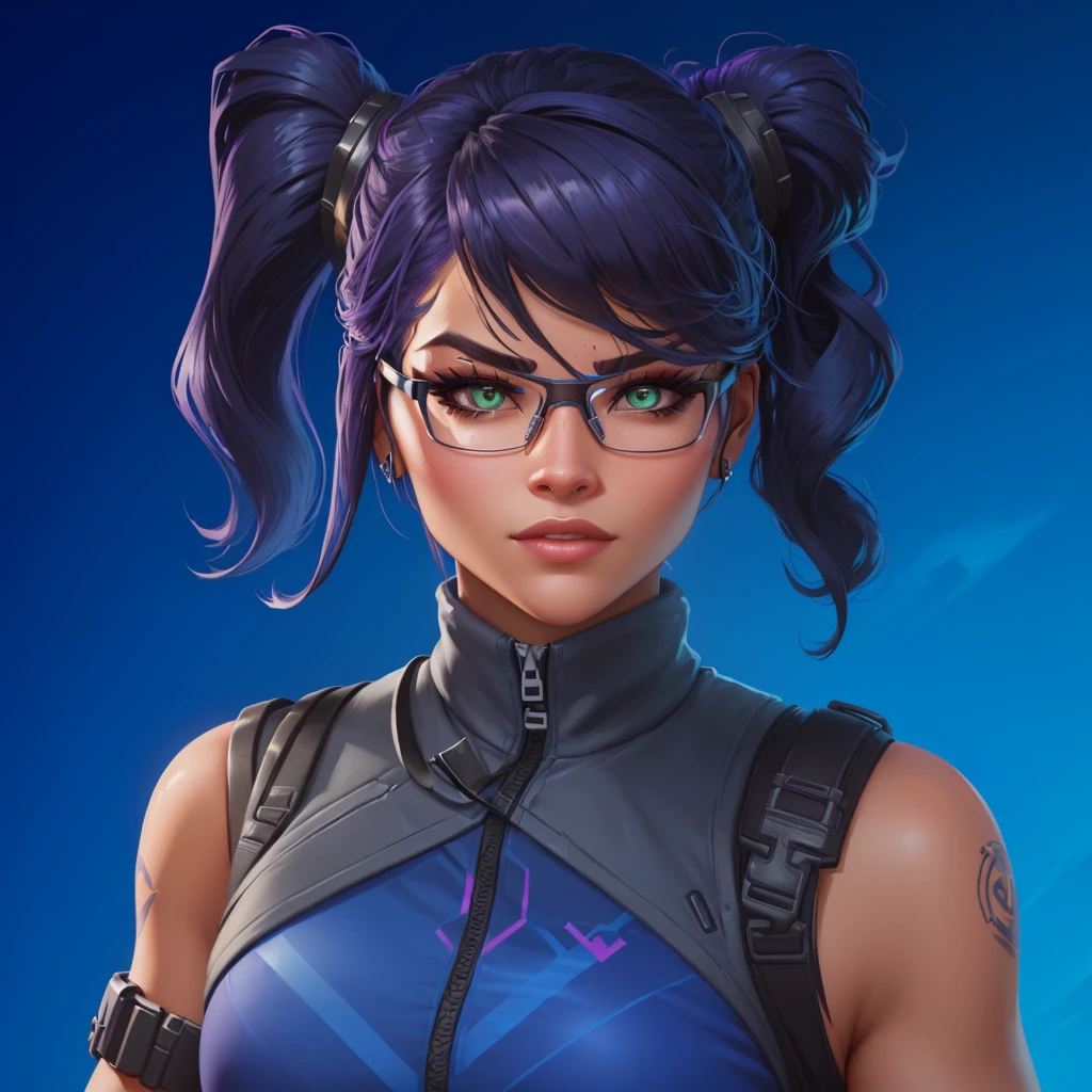 a close-up of a woman with glasses, fortnite character, as a fortnite character, character headshot portrait, fortnite art style, pele fortnite, epic character portrait, female character, skin tanned, character profile art, female main character, João Parque, retrato de  glowwave, inspired by Leng Mei, video game avatar, official character art