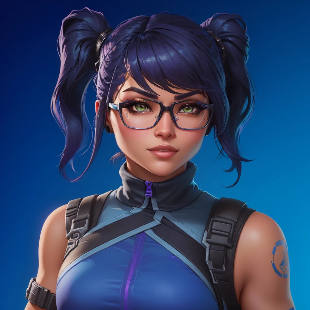 a close-up of a woman with glasses, fortnite character, as a fortnite character, character headshot portrait, fortnite art style, pele fortnite, epic character portrait, female character, skin tanned, character profile art, female main character, João Parque, retrato de glowwave, inspired by Leng Mei, video game avatar, official character art