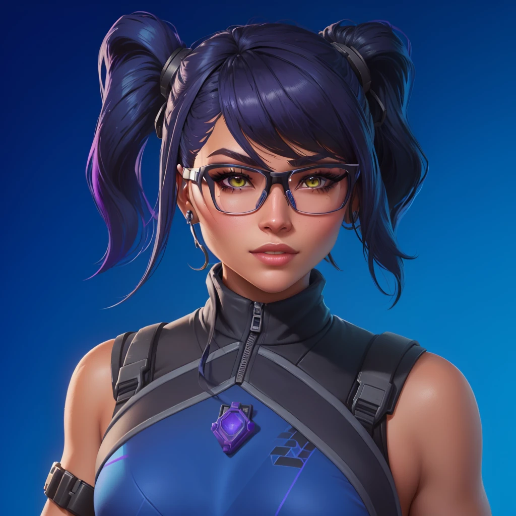 a close-up of a woman with glasses, fortnite character, as a fortnite character, character headshot portrait, fortnite art style, pele fortnite, epic character portrait, female character, skin tanned, character profile art, female main character, João Parque, retrato de glowwave, inspired by Leng Mei, video game avatar, official character art