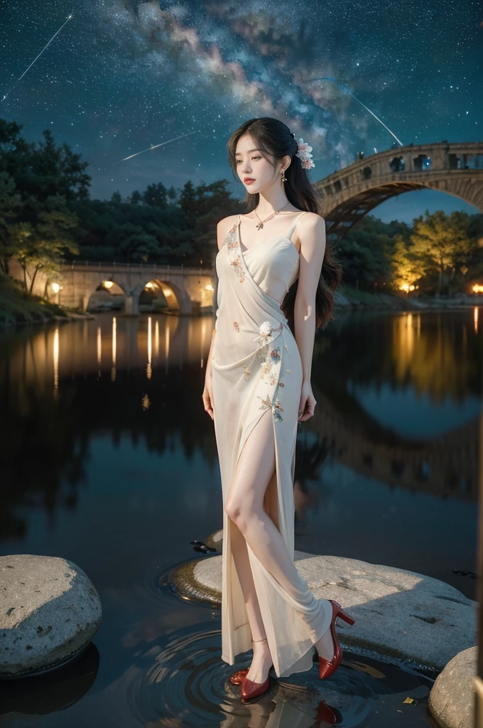 (((best quality))),(((ultra detailed))),(((masterpiece))),illustration,((1 beautiful girl,solo)),(shoulder length straight hair:1.2),((earrings,necklace)),((slim,thin)),((small breasts,flat chest)),(gorgeous sheer red Hanfu:1.5),(slender legs:1.2),(loafers:1.2),(standing:1.3),(arms behind back:1.5),(on the stone arch bridge:1.3),((starry sky,the Milky Way,horizon)),elegance, grace, sophisticated updo, delicate hairpins, twinkling stars, radiant smile, bright eyes, wonder, beauty of the night sky, intricate patterns, flowers, birds, vibrant colors, ethereal, enchanting, old bridge, weathered, sturdy, natural surroundings, serene, peaceful atmosphere, rippling water, stars, graceful silhouette, magic, tranquility, twinkling stars, mesmerizing canopy of light, cool air, crisp, faint scent of blooming flowers, contemplation, admiration, ancient China, timeless, rich culture, traditions, captivating, enchanting atmosphere, myth, legend,((from front,full body))