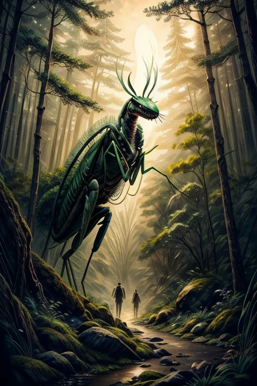high resolution、Delicate depiction、8K、Fantasy、in the forest、昼なのに暗いin the forest、Creatures standing before your eyes、3meter、silhouette、2Benzu、upright、Fine details are not visible、Shadow、A monster similar to a praying mantis