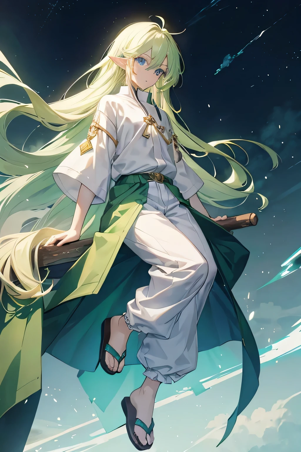 young man in anime style with long golden hair, elf ears, Blue eyes, Green clothes with white details: top with rolled up sleeves, baggy pants, sandals on the feet