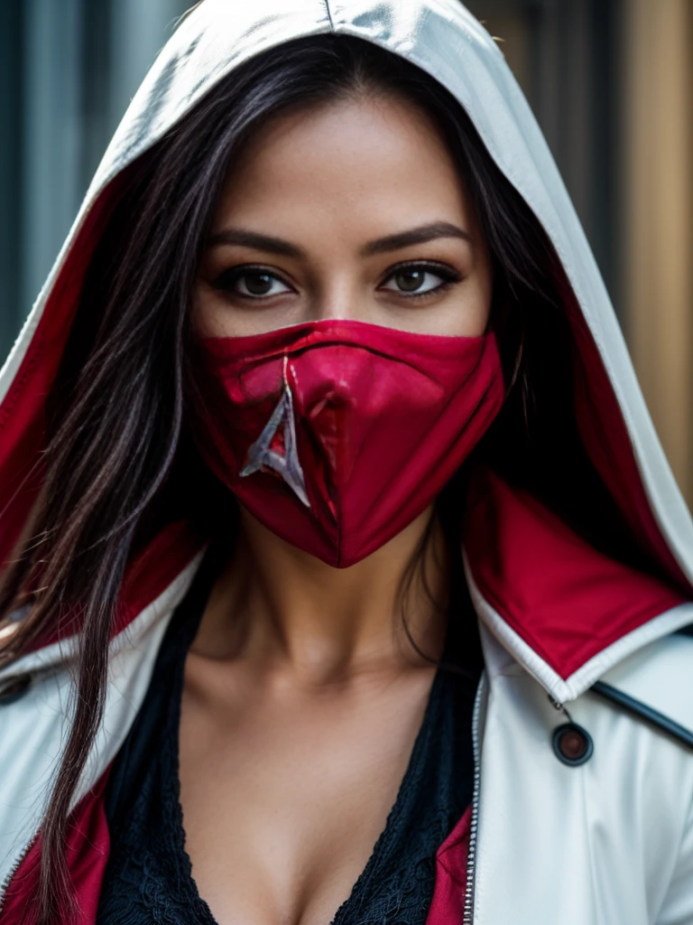 (best quality,4k,8k,highres,masterpiece:1.2)female,captivating eyes,pouty lips,seductive expression,expressive face,colored hair,colored skin,perfectly body,full body, random flirtatious pose,looking directly into the camera,showing confidence,she is wearing sexy outfit, ((assassin creed outfit)), white and red outfit ,White cloak，Full face mask, hidden blade