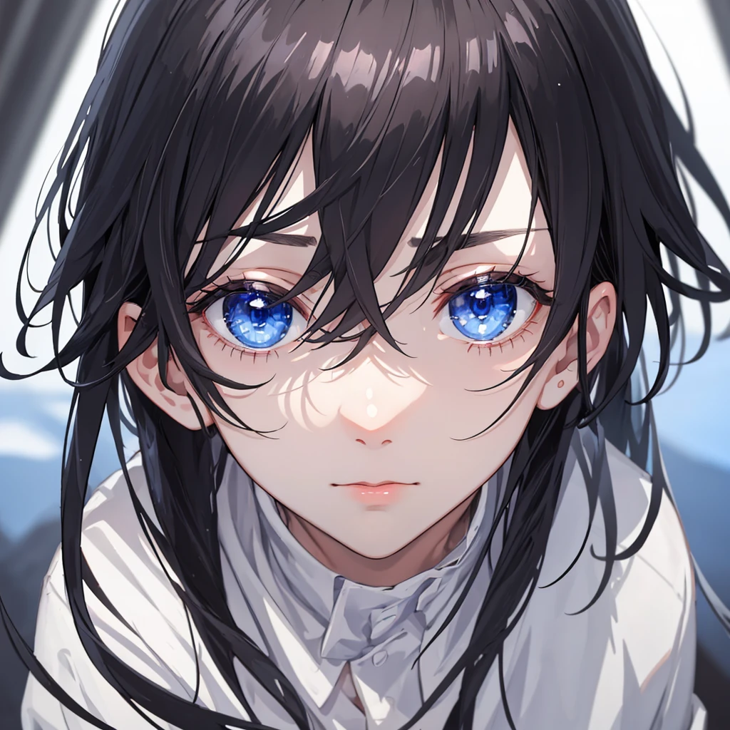 masterpiece,high quality,1 boy,black hair,blue eyes,focus face, view in dark color