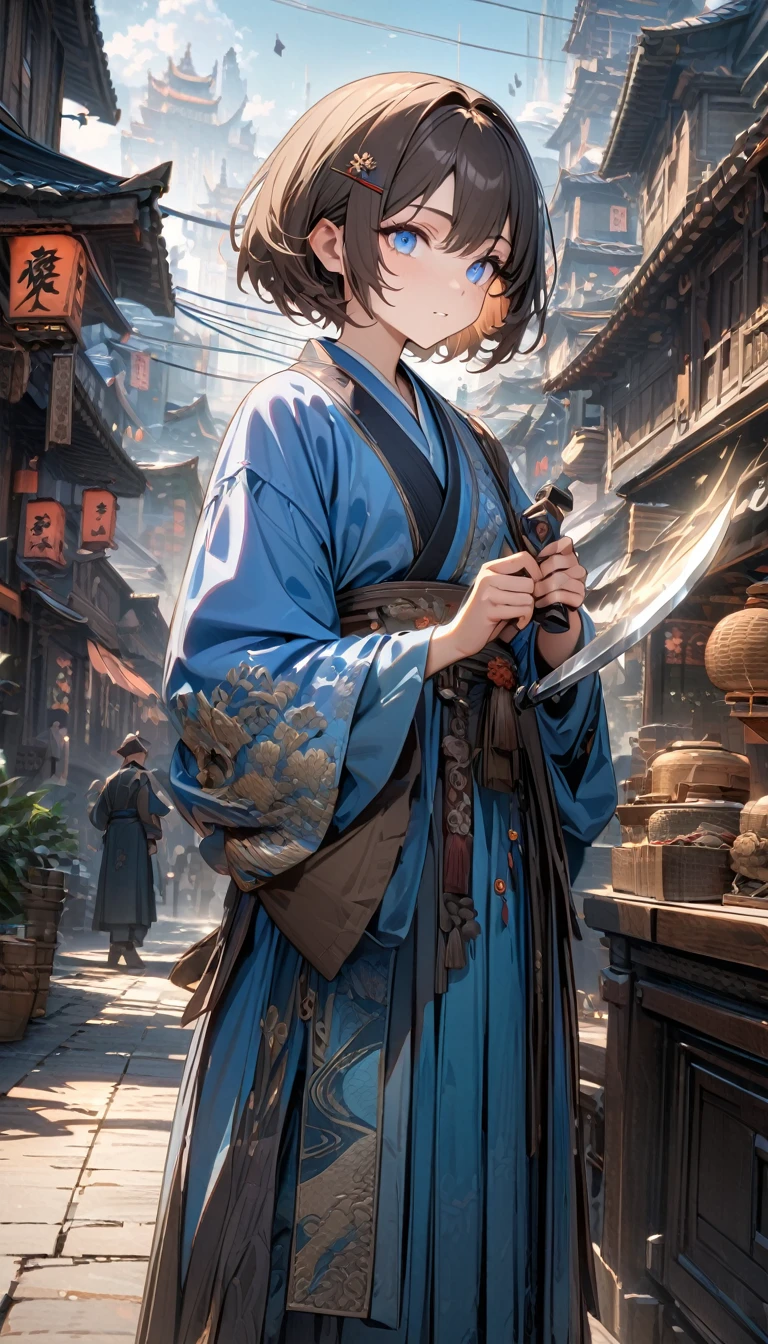 little boy, Brown short hair, blue eyes, knifesist hairpin, blue hanfu, Tao Magic, knife, masterpiece, best quality, Full HD, 8K, Ultra Detailed, Great graphics,City background